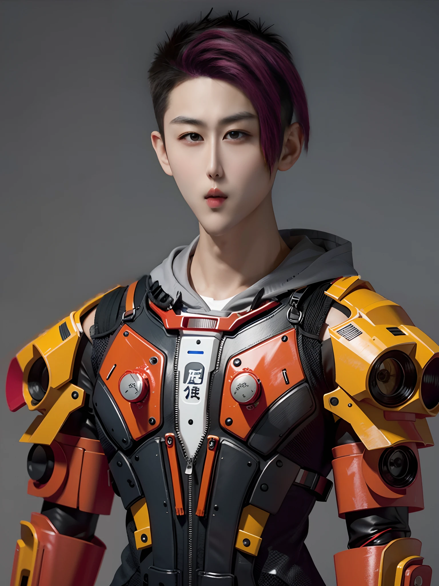 18-year-old Chinese man，Wearing fluorescent red and yellow PVC mechs，bulletproof vest，cyber punk perssonage，greybackground