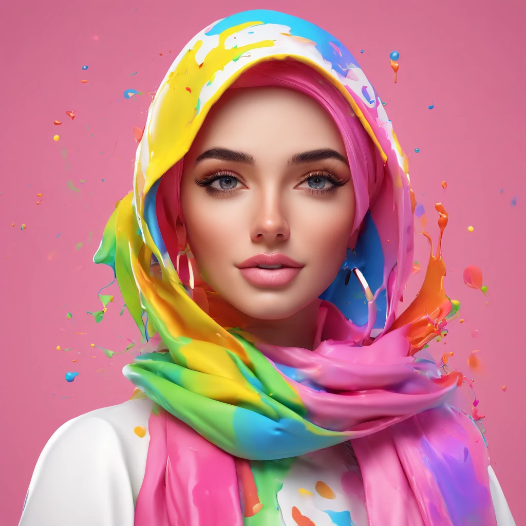 (Masterpiece, Best Quality, High Resolution), White Background, ((Paint Splash, Color Splash, Splash of Ink, Color Splash)), Sweet Brazil  Girl hijab, Rainbow Hair, Pink Lips, Front, Upper Body, hijab, front look