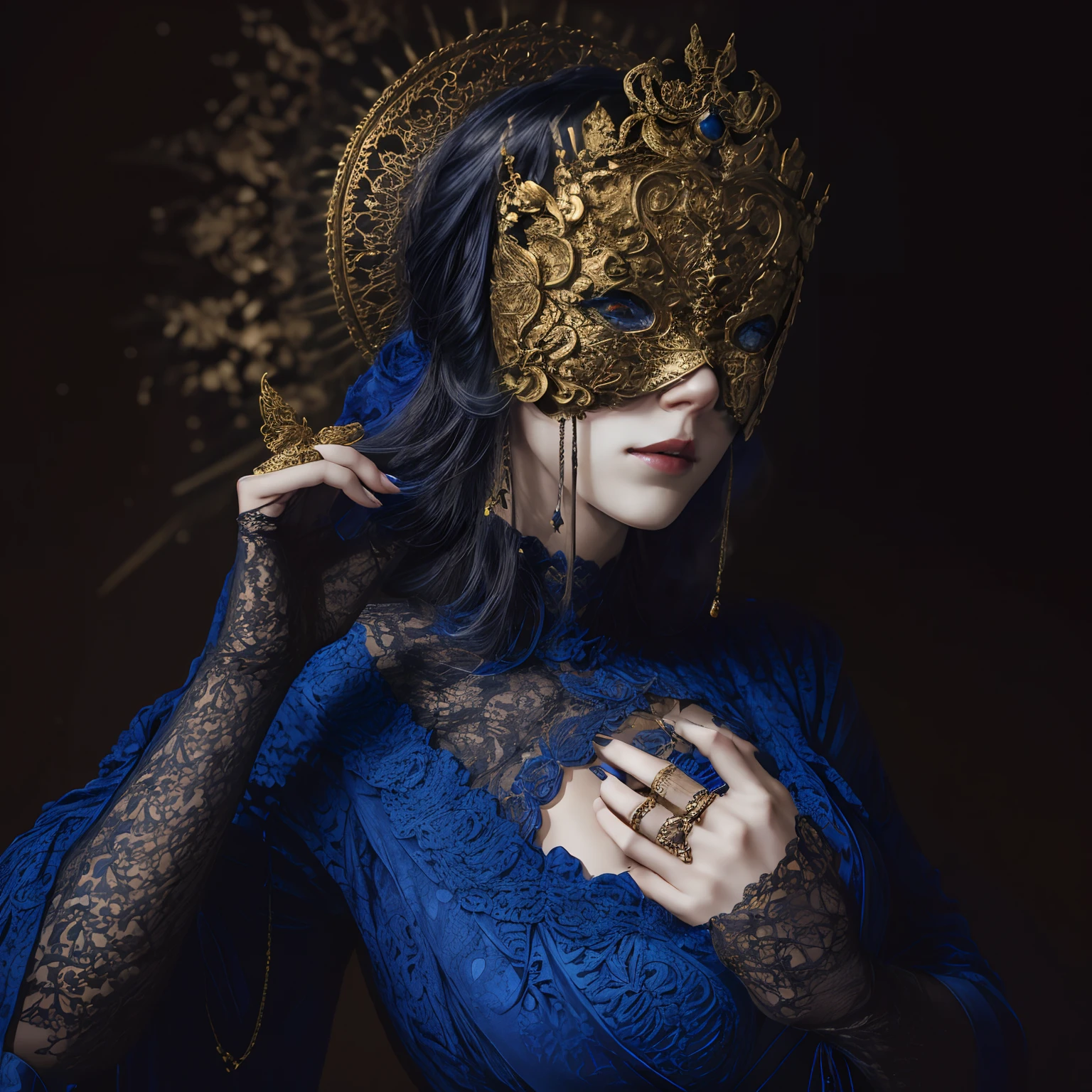 Model
majicMIX horror ,Blind Mask,Детальный твикер L ,
Woman in golden blind mask,Dressed in a blue gothic dress with lace , The rings on her four fingers are visible , And the breasts are visible, like Jody Gasson , Front light , higly detailed,1Woman , V0id (tmasterpiece: 1.3), (Best_Quality: 1.3), (ultra_Detailed: 1.3), 8K, extremely_Of course, 真实感, (Ultrarealist: 1.3), coloration, beutiful, HDR, Photorealistic, 
realisti,