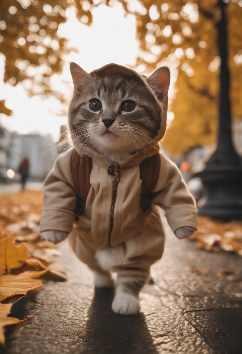 season for autumn、I have two little kittens, a cute little cat, cute kittens, Cutest, Incredibly cute, Adorable and cute, And cute and lovely. They are walking down the street with backpacks, Walking together, commute, Proudly walk down the street, And the cat is walking. They are cute in the style of 🍂 and 🍁, Adorable and cute, Cute and adorable, oh, nice and cute. They are known as real-life Tom and Jerry.Wear warm clothes、muffler、coat、Godzilla's costume pajamas、Godzilla's costume pajamas、Godzilla's costume pajamas