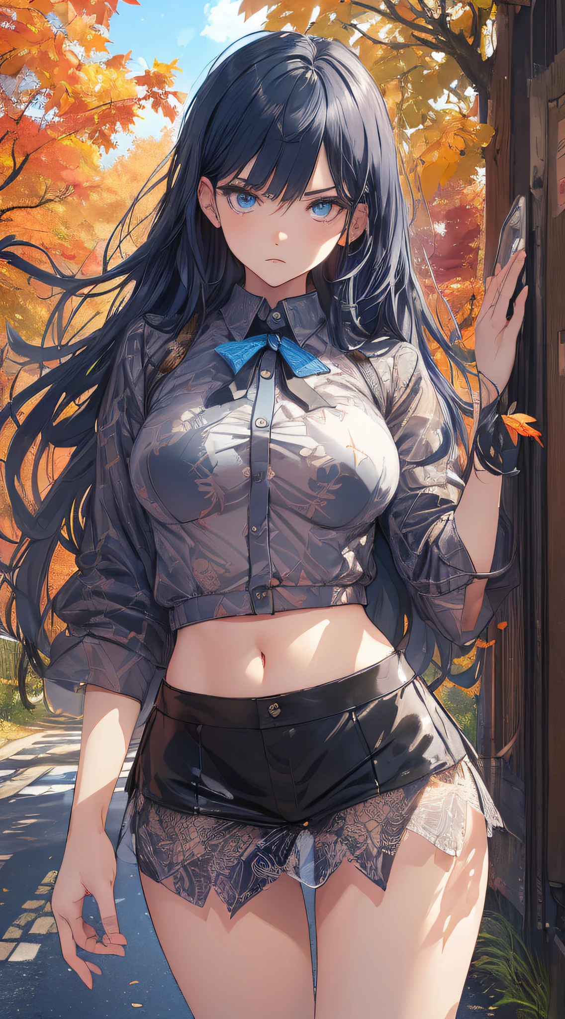 top-quality、Top image quality、​masterpiece、girl with((cute little、sixteen years old、Best Bust、Medium bust、Bust 85,Beautiful blue eyes、Breasts wide open,Long Black Hair、A slender、Mesh with bangs and blue hair、Y-shirt with white collar open to second button、Blue short skirt,satchel,angry looking face、run、Reflecting the whole body、Black underwear、collapse、M-shaped legs)）hiquality、Beautiful Art、Background with((blue-sky、Road of autumn leaves)),masutepiece、Elaborate design、visualart、depth of fields、The best lighting、highestdetailed、8ｋ