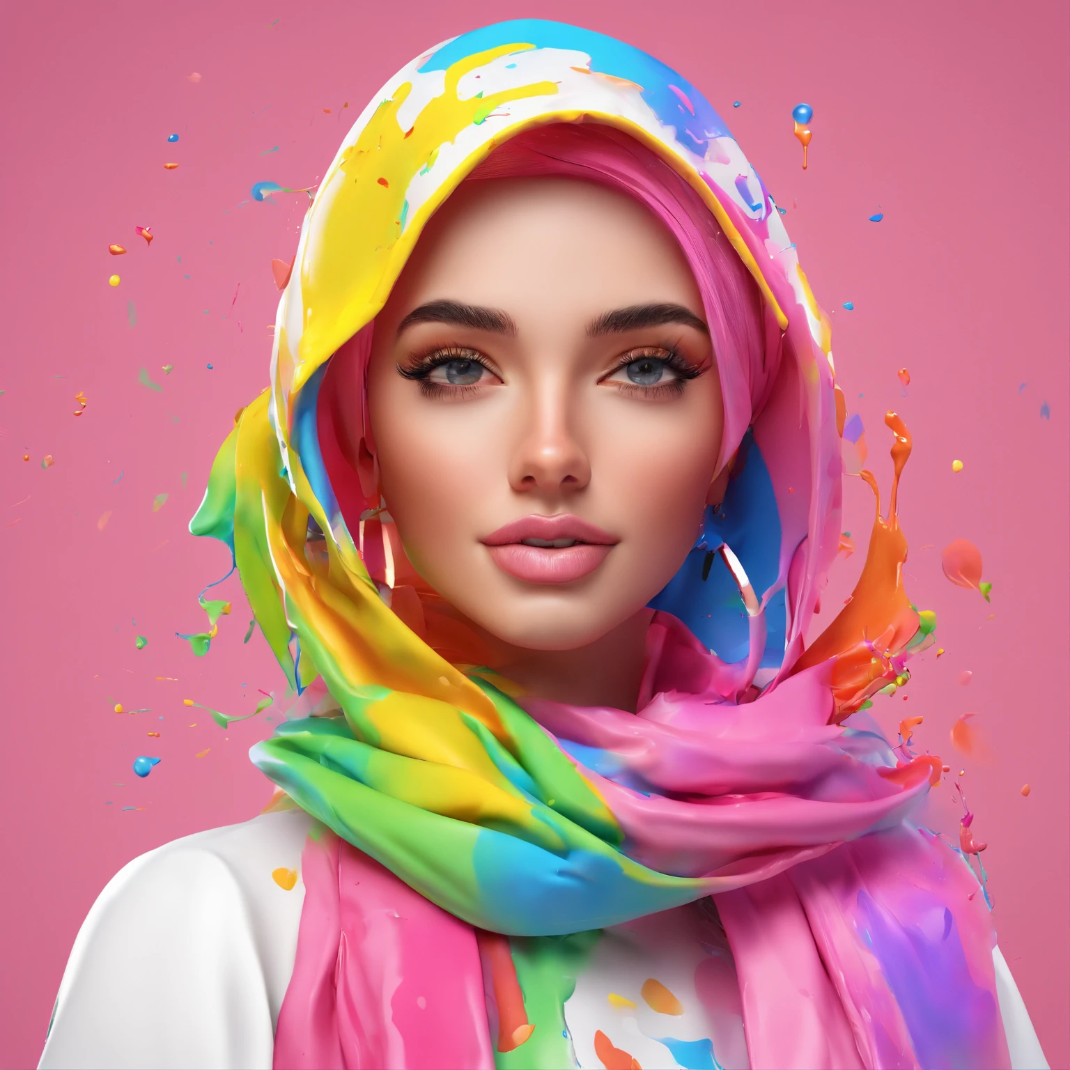 (Masterpiece, Best Quality, High Resolution), White Background, ((Paint Splash, Color Splash, Splash of Ink, Color Splash)), Sweet Brazil Girl hijab, Rainbow Hair, Pink Lips, Front, Upper Body, hijab, front look