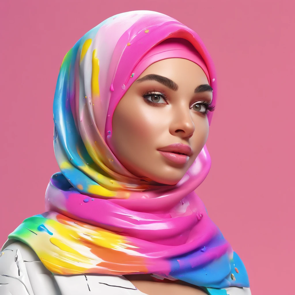 (Masterpiece, Best Quality, High Resolution), White Background, ((Paint Splash, Color Splash, Splash of Ink, Color Splash)), Sweet Brazil Girl hijab, Rainbow Hair, Pink Lips, Front, Upper Body, hijab, front look