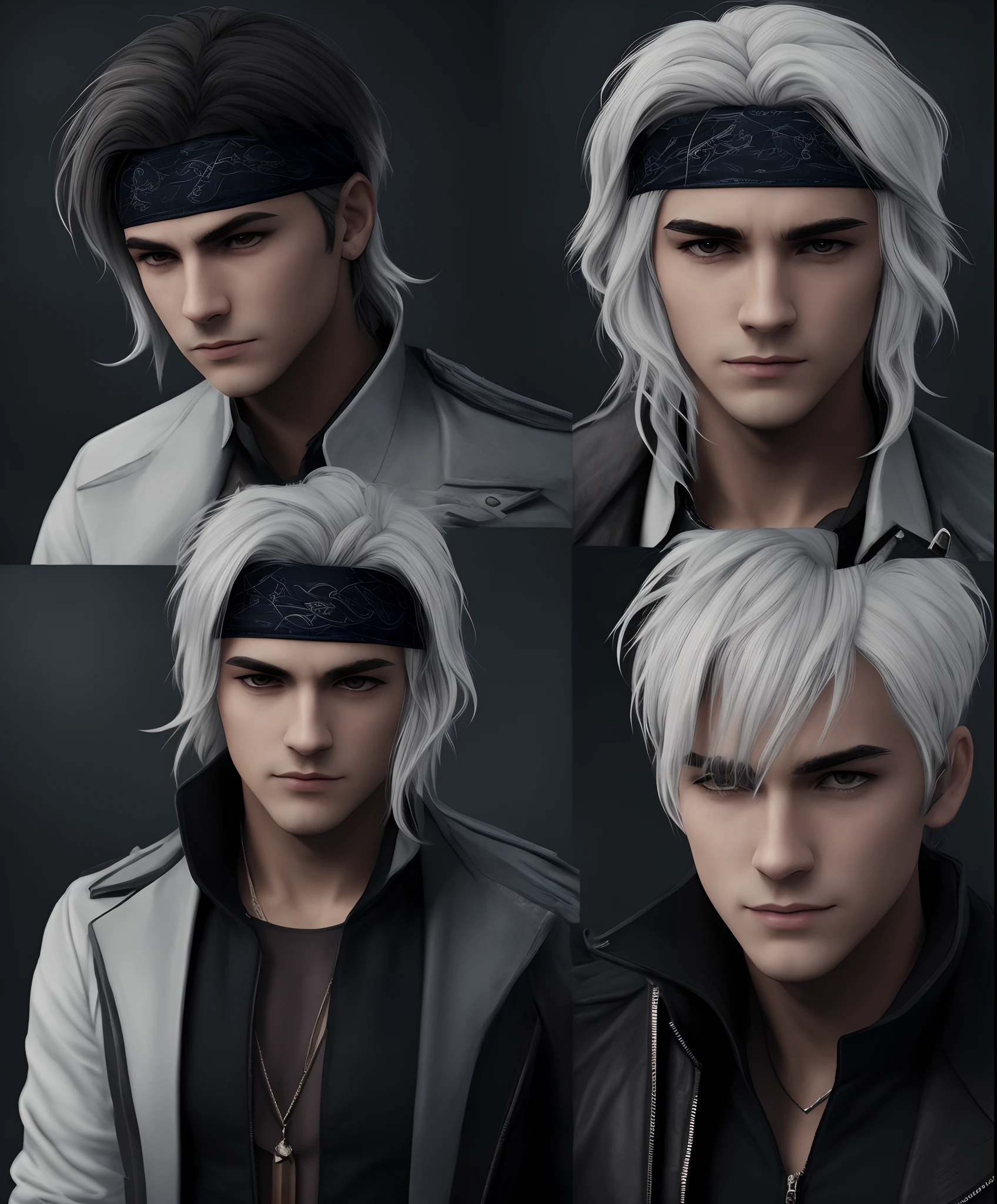 Crie para mim Meu personagem, He has white hair and a gray headband , His skin tone is brown, and he wears a role-playing outfit