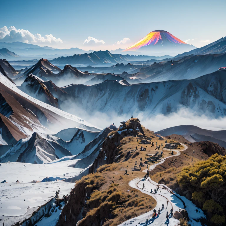 There was a woman standing in the field with a horse, in volcano, iceland photography, Louisa Matthiasdotil, iceland, in volcano, In the volcano, standing close to volcano, aenami alena, Tumblr, inspired by Louisa Matthíasdóttir, author：Lucia Pecca, lost in a dreamy fairy landscape