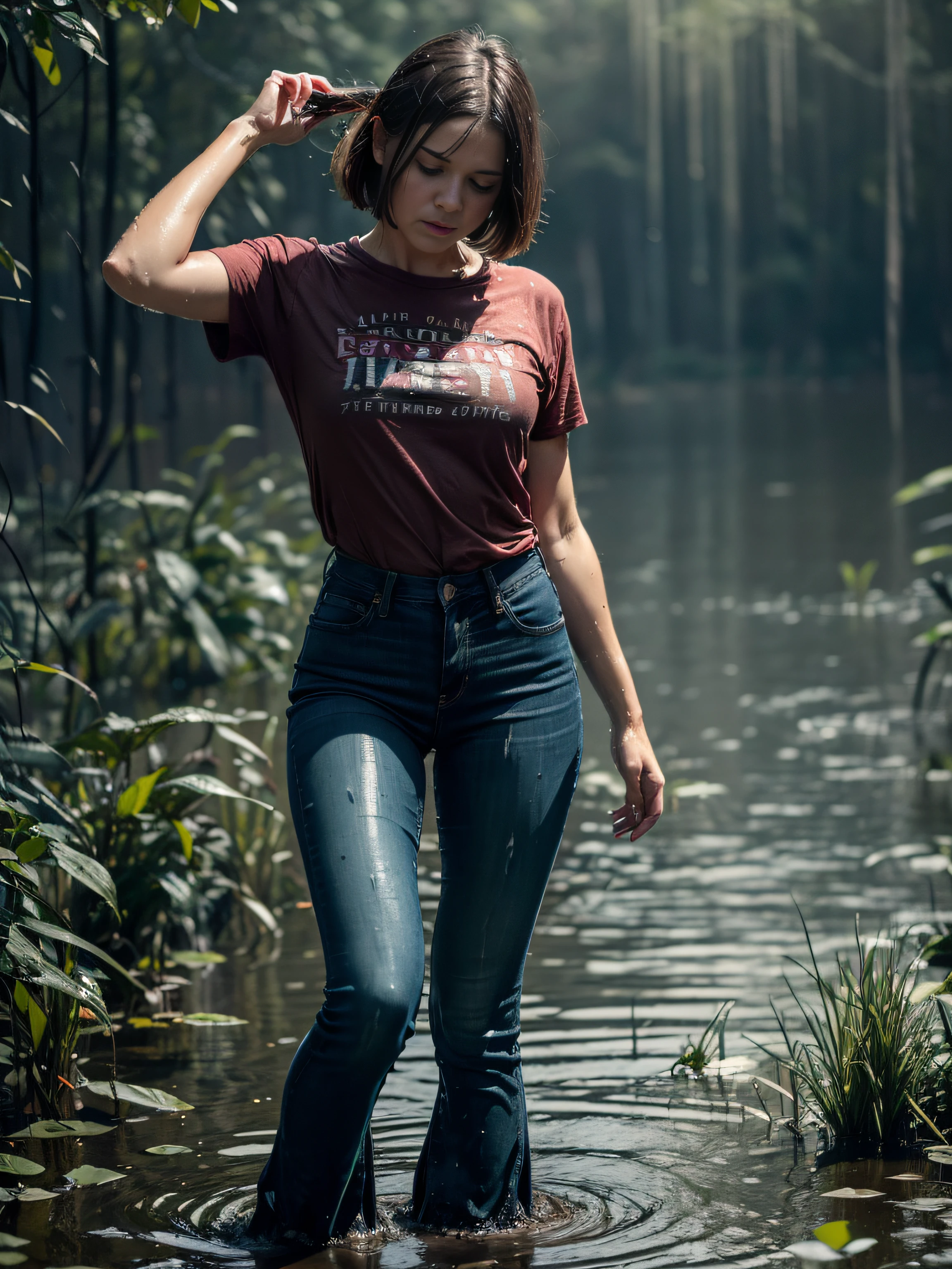 (Wide flares on jeans:1.1), (soaked in murky water), (Best Quality,hight resolution,bokeh:1.2),The woman,Pronounced wrinkles,Bob haircut,Detailed eyes and face,tshirt,expression of despair,Dark and moody lighting,desperation,(Drowning in a swamp below the knee:1.17),(standingn:1.1), Posing