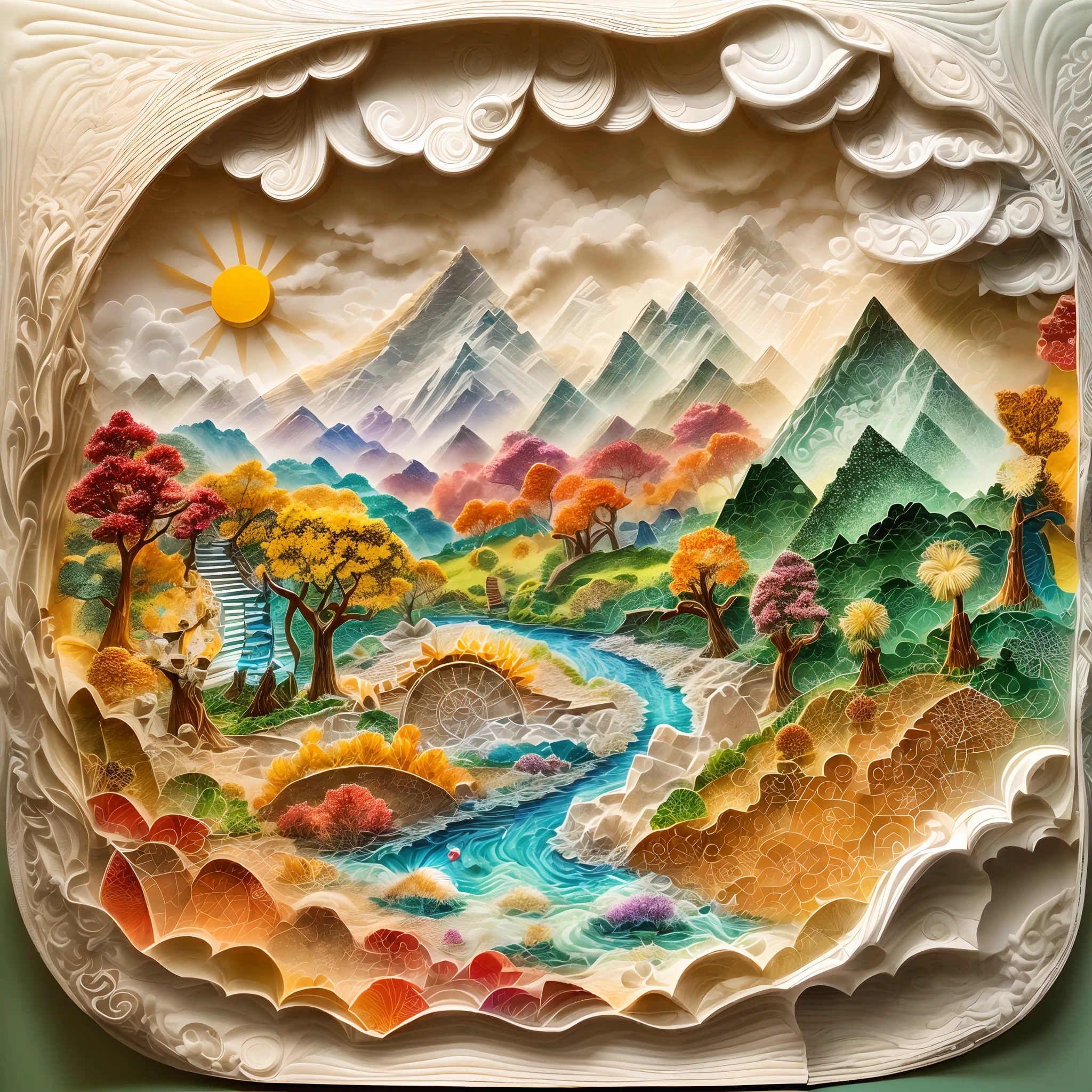 (sandbox:1.4),Movie Angle,(Sun, White clouds, Mountains, ln the forest, rivers),(paper art,Quilted paper art,geomerty),(Extremely colorful, Best quality, Detailed details, Masterpiece, offcial art, movie light effect, 4K, Chiaroscuro)