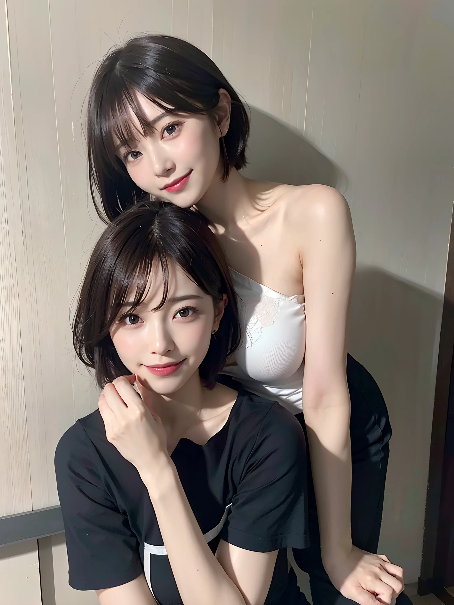 Raw photo, Extremely delicate and beautiful, masutepiece, ultra high resolution, Detailed Lighting, Octane Render, Highly detailed ticker Unity 8k wallpaper, Soft lighting, Unity, Esbian, Wallpaper, Realistic, Ultra-detailed light and shadow, soft lighting, BREAK 1girl, Photo Idol Girl, Short hair, (happy smile), ((large breasts)),sleepy,