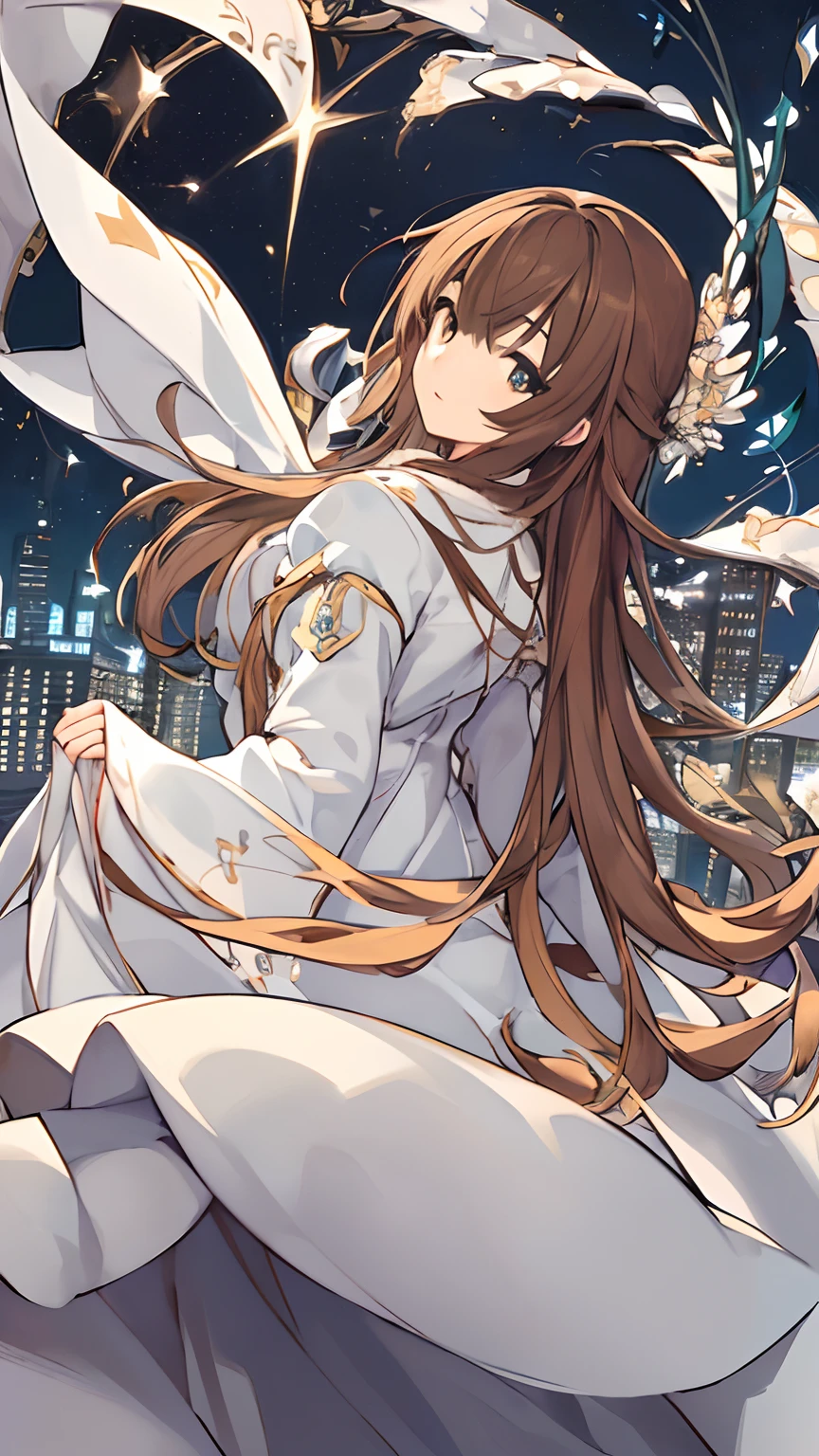 (((​masterpiece)))、(((top-quality)))、((ultra-detailliert))、(illustratio)、((extremely delicate and beautiful))、dynamic ungle、floating、(beatiful detailed eyes)、(Detailed light) (1girl in)、独奏、The upper part of the body、parka、Moe Sleeve、Long brown hair、Long、natta、A city scape、night cityscape、Turn around、Viewer's Perspective