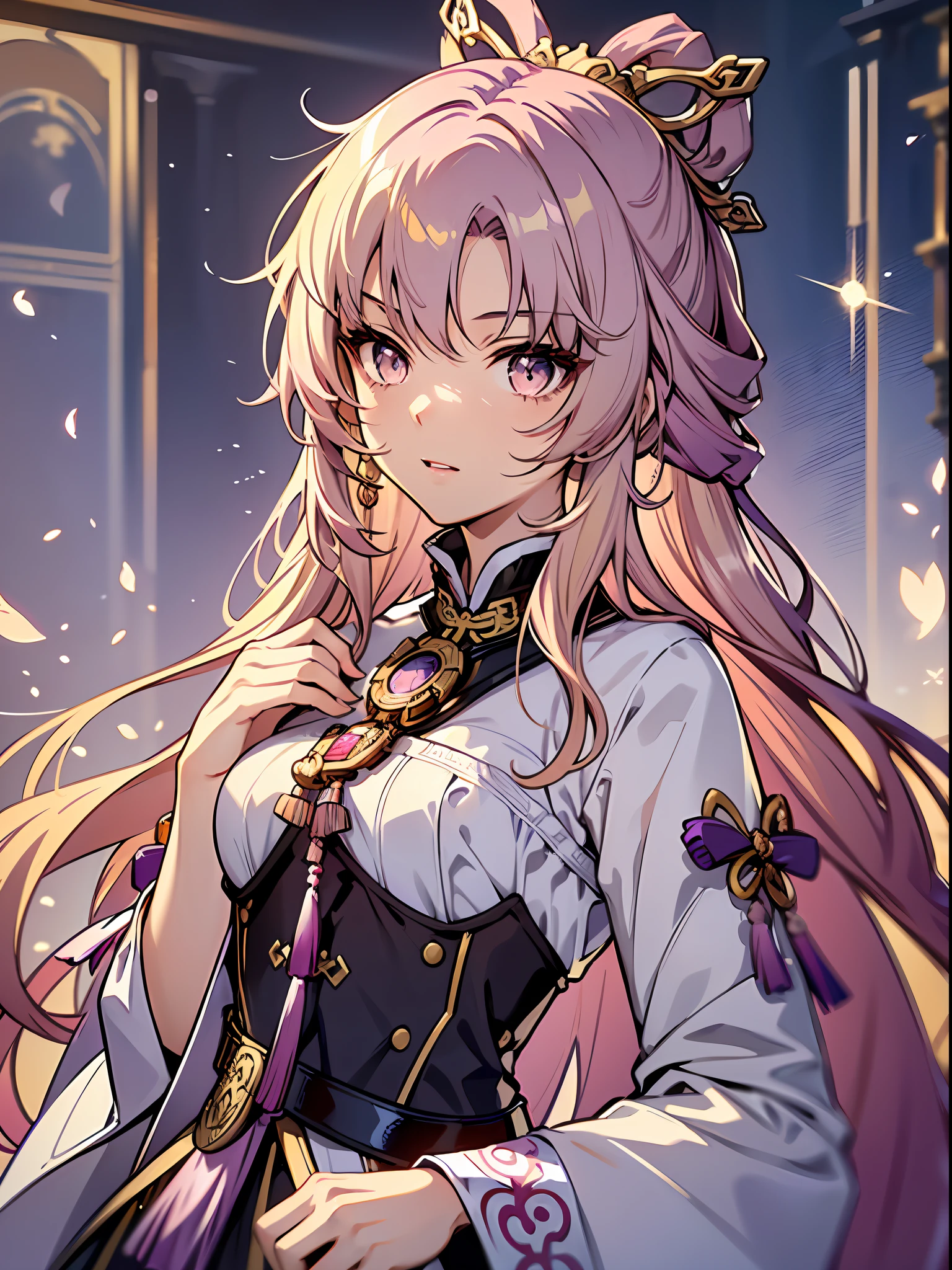 (Illustration style, exquisite masterpiece, best picture quality), a -yeld an girl wearing a Chinese Tang Dynasty court costume, pink purple hair in a bun, fluttering hem, golden hair ornament, light blonde eyes and small, dynamic posture, picture in line with the golden ratio, large aperture portrait, white space, strong light and shadow contrast), bright tone, dignified elegance, dusk slanting sun, background bokeh, classical style, white and pink as the main tone, Sony master lens, large area of white space