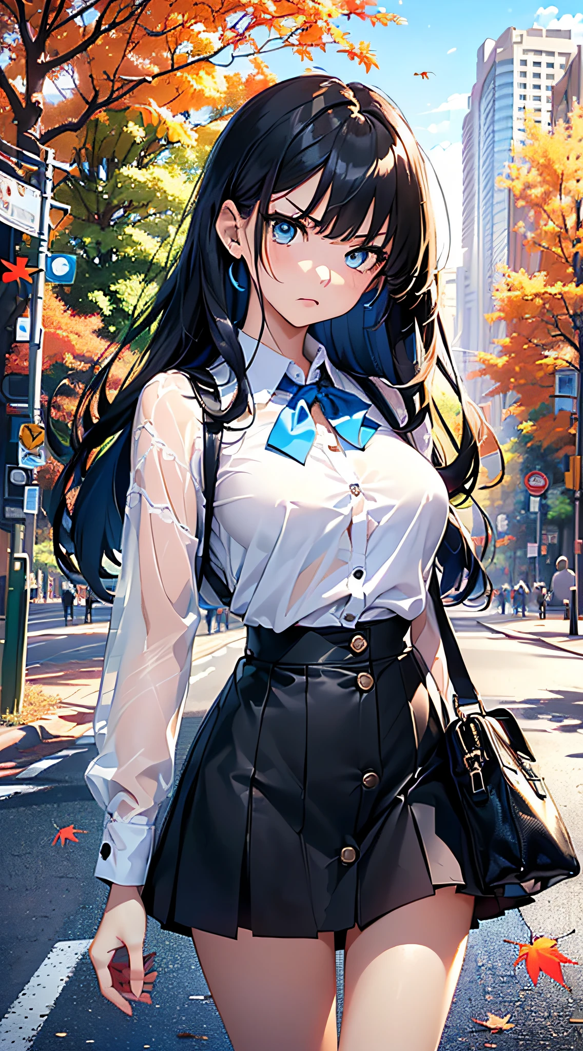 top-quality、Top image quality、​masterpiece、girl with((cute little、sixteen years old、Best Bust、Medium bust、Bust 85,Beautiful blue eyes、Breasts wide open,Long Black Hair、A slender、Mesh with bangs and blue hair、Y-shirt with white collar open to second button、Blue short skirt,satchel,angry looking face、run、Reflecting the whole body、Black underwear、collapse、M-shaped legs)）hiquality、Beautiful Art、Background with((blue-sky、Road of autumn leaves)),masutepiece、Elaborate design、visualart、depth of fields、The best lighting、highestdetailed、8ｋ
