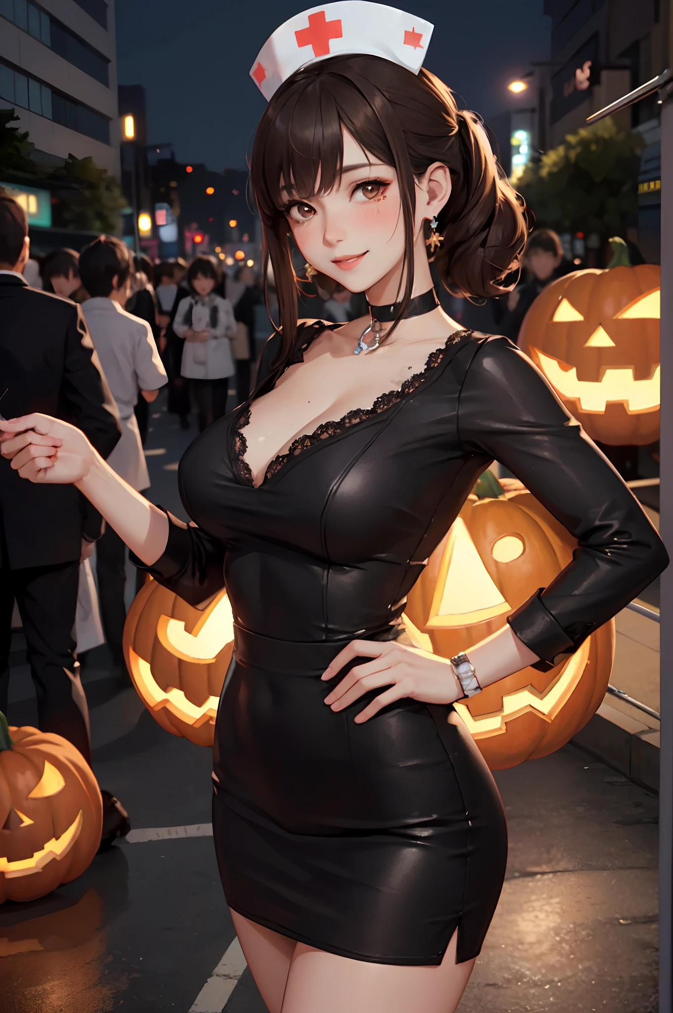1lady standing, /(sexy nurse costume/) choker, mature female, /(brown hair/) bangs, blush kind smile, (masterpiece best quality:1.3) delicate illustration ultra-detailed , large breasts BREAK /(streets of Shibuya/) outdoors, jack-o'-lantern Halloween parade, crowded audience, night