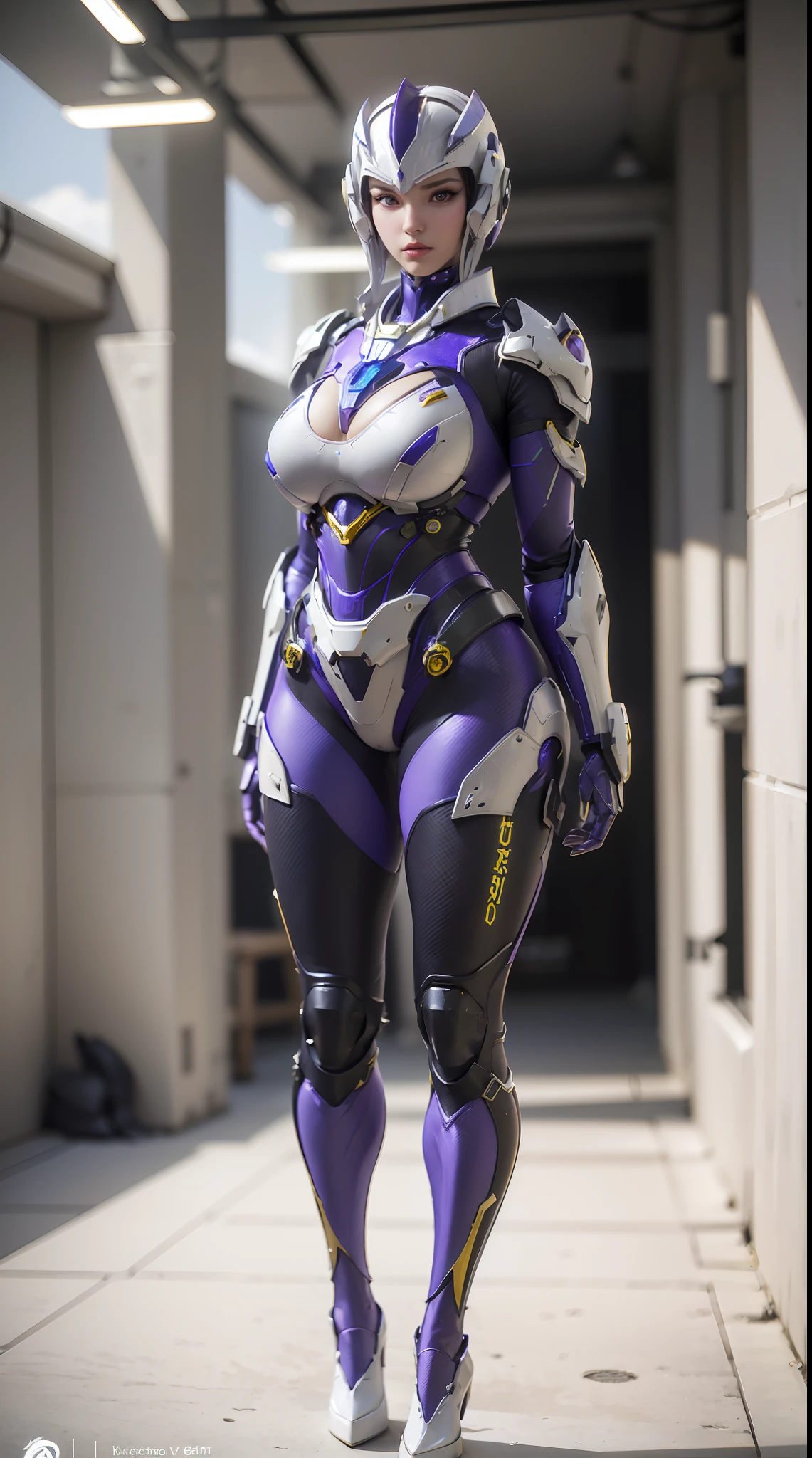 (1GIRL,ALONE:1.5), (super detailed face), ((mecha phoenix head:1)), (BIG BUTTOCKS, HUGE FAKE BREASTS:1.5), (CLEAVAGE TOP:1.3), (MUSCULAR ABS:1.2), (MECHA GUARD ARM:1.4), ((WEAR PURPLE MECHA OVERWATCH ARMOR SUIT, BLACK MECHA SKINTIGHT SUIT PANTS, MECHA GUARD ARMOR LEGS, HIGH HEELS:1.5)), (THICC MUSCULAR FEMALE BODY), (GLOWING SKIN:0.8), (LONG LEGS, FULL BODY:1.1), (LOOKING AT VIEWER:1.3), (female focus:0.886), (WALKING DOWN HALLWAY OF FUTURISTIC SPACE STATION:1), (BRIGHT LIGHT WHITEROOM:1.3), SUPER TEXTURE, UNREAL ENGINE RENDER, PHYSICALLY-BASED RENDERING, ULTRA HIGHT DEFINITION, 16K, 1080P.
