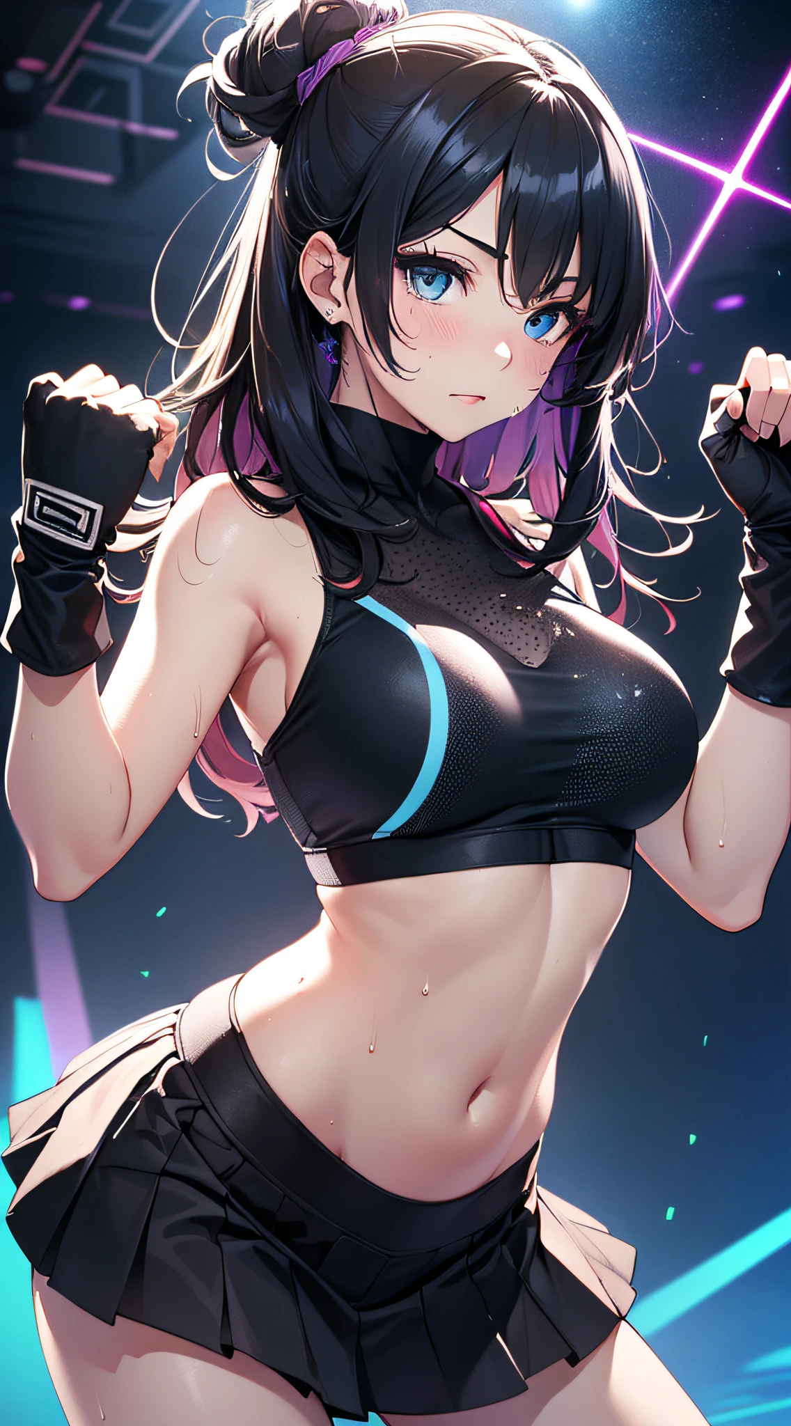 top-quality、Top image quality、​masterpiece、girl with((cute little、18year old、Best Bust、Medium bust、Bust 85,Beautiful blue eyes、Breasts wide open,Long Black Hair、A slender、Middle knot、Black Sports Bra、White short skirt,Reflecting the whole body、Black perforated gloves、Sweating、Straight punch to the front、Splattering sweat)）hiquality、Beautiful Art、Background with((clubhouse、Blue lighting、Purple Laser Illumination、Red laser illumination,Yellow laser illumination,fitness club、natta、Virtual Worlds)),masutepiece、Elaborate design、visualart、depth of fields、The best lighting、highestdetailed、8ｋ,Super delicate