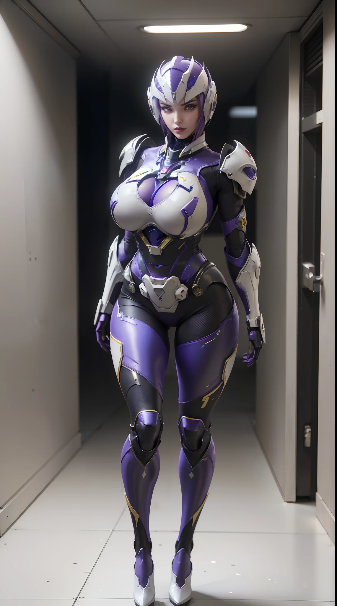 (Nsfw:1.5), (super detailed face, white short hair), (MUSCLE ABS, CLEAVAGE, GIGANTIC FAKE BREAST:1.5), (MECHA GUARD ARM:1.3), gold, (PURPLE SHINY MECHA CYBER ARMORED CROP TOP, BLACK MECHA SKINTIGHT SUIT PANTS, MECHA GUARD ARMOR LEGS, HIGH HEELS:1.5), (OILY MUSCULAR BODY, SEXY LONG LEGS:1.1), (LOOKING AT VIEWER:1.3), (female focus:0.886), (WALKING DOWN HALLWAY OF FUTURISTIC SPACE STATION:1), (BRIGHT LIGHTING:1.5), SUPER TEXTURE, UNREAL ENGINE RENDER, PHYSICALLY-BASED RENDERING, ULTRA HIGHT DEFINITION, 16K, 1080P.