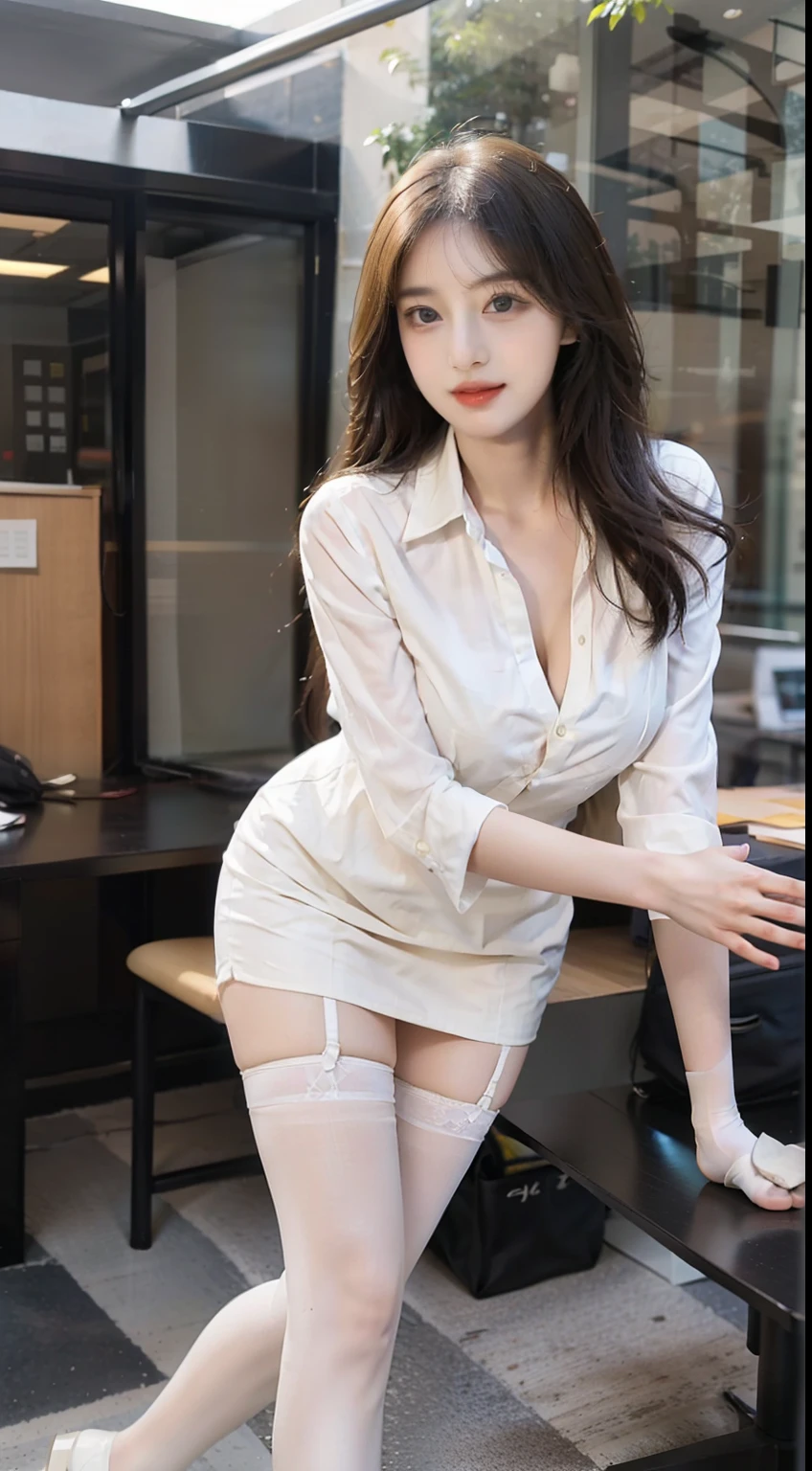 best qualtiy, Full body like，Refined face，A pair of smart eyes，pretty  face，25 years old woman，slimfigure，Larger bust，office lady uniform，Office wear，white stockings，Outdoor scene，Sit Pose，yellow long hair