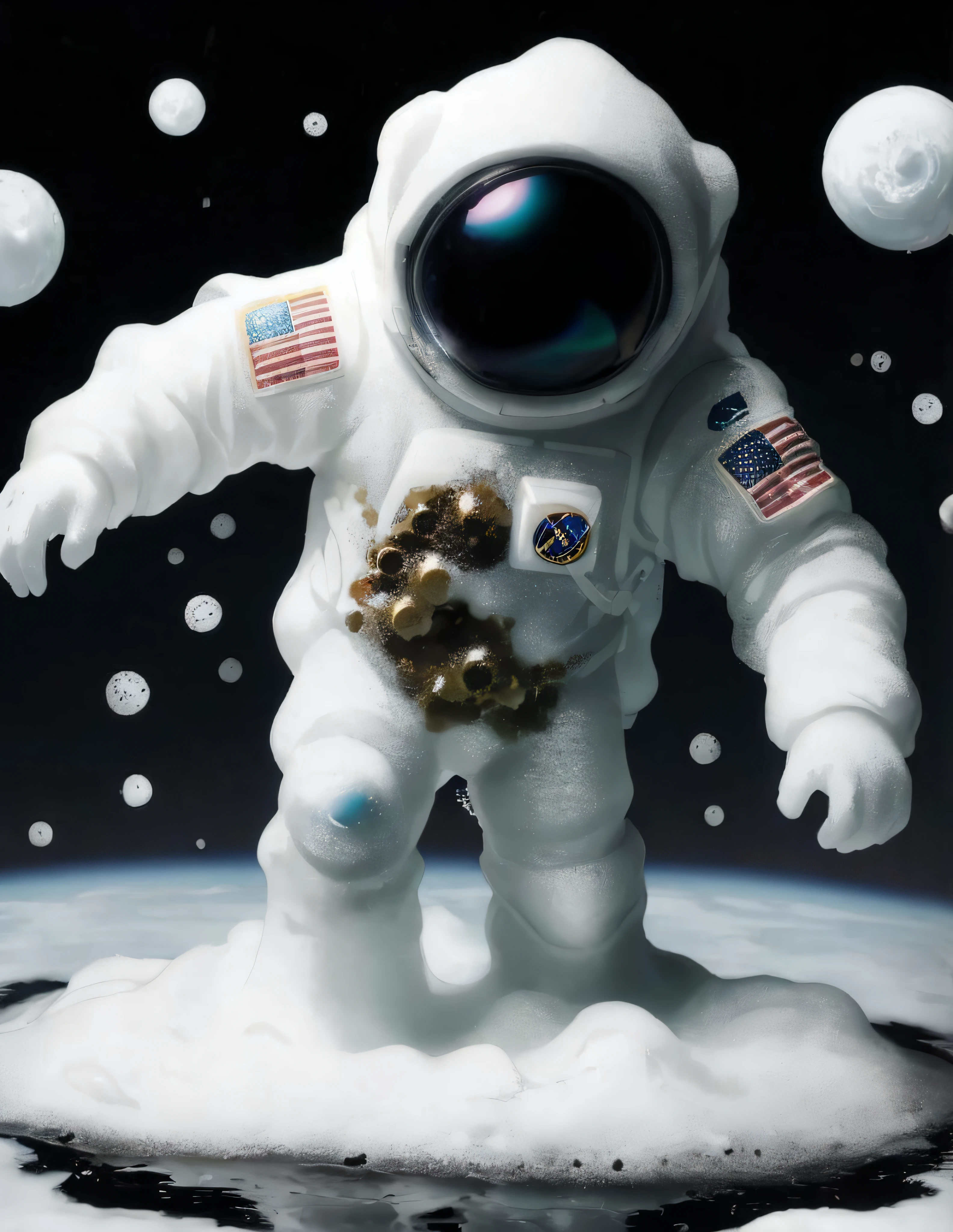 an astronaut made of bath foam, black background