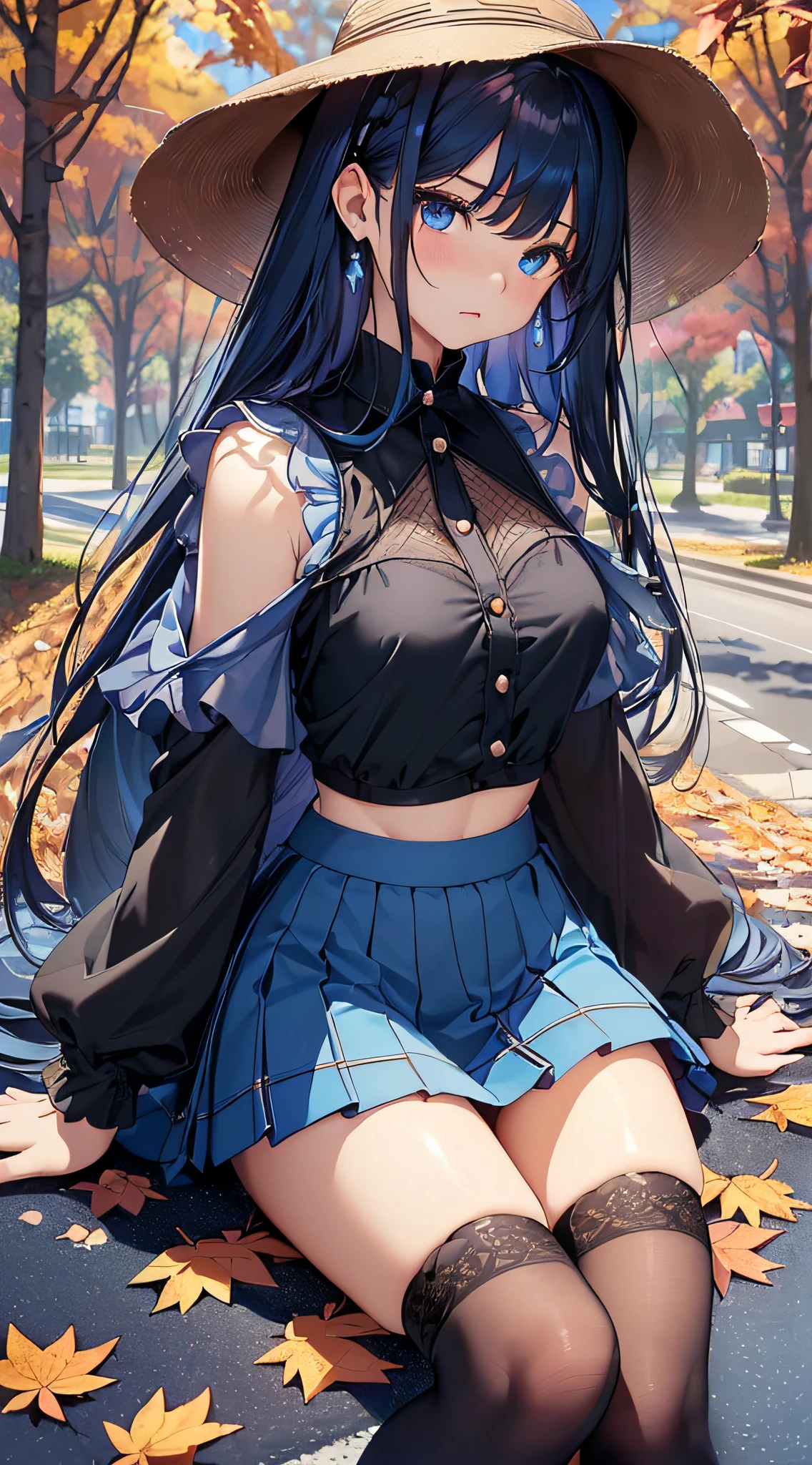 top-quality、Top image quality、masterpiece、girl with((cute little、sixteen years old、Best Bust、Medium bust、Bust 85,Beautiful blue eyes、Breasts wide open,Long Black Hair、A slender、Mesh with bangs and blue hair、Y-shirt with white collar open to second button、Blue short skirt,satchel,Reflecting the whole body、Black underwear、fall、M-shaped legs))hiquality、Beautiful Art、Background with((blue-sky、Road of autumn leaves)),masutepiece、Elaborate design、visualart、depth of fields、The best lighting、highestdetailed、8k