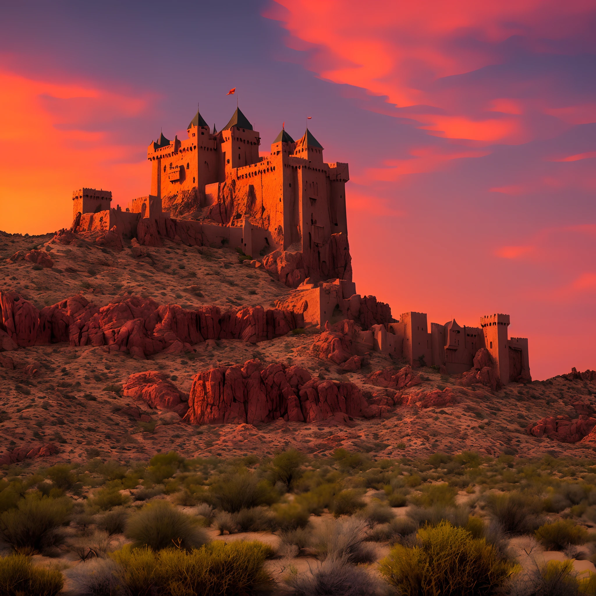 A castle in the desert with a blood red sky, remove the green and leave only sand