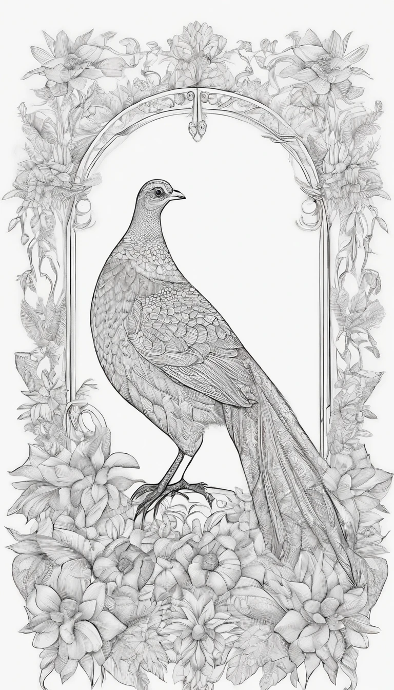 Lyrebird coloring book, simple and light line art, coloring expeert, white background