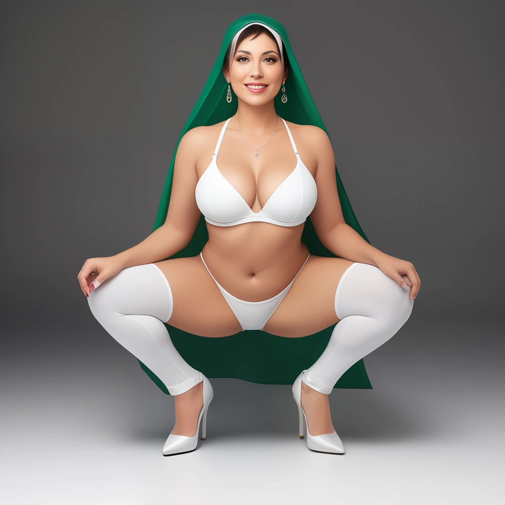 Middle-aged French woman,French face,Delicatemakeup,with high cheekbones,Sexy and feminine,grin,Wrinkles at the corners of the eyes,short and wavy hair,Sagging oversized breasts,Towering breasts,There is fat in the abdomen,Green emerald necklace,Green emerald earrings,White veil,White transparent bra,White transparent panties,white stockings,White high heels,Tall figure,squatting pose,openpose,bold and unconstrained