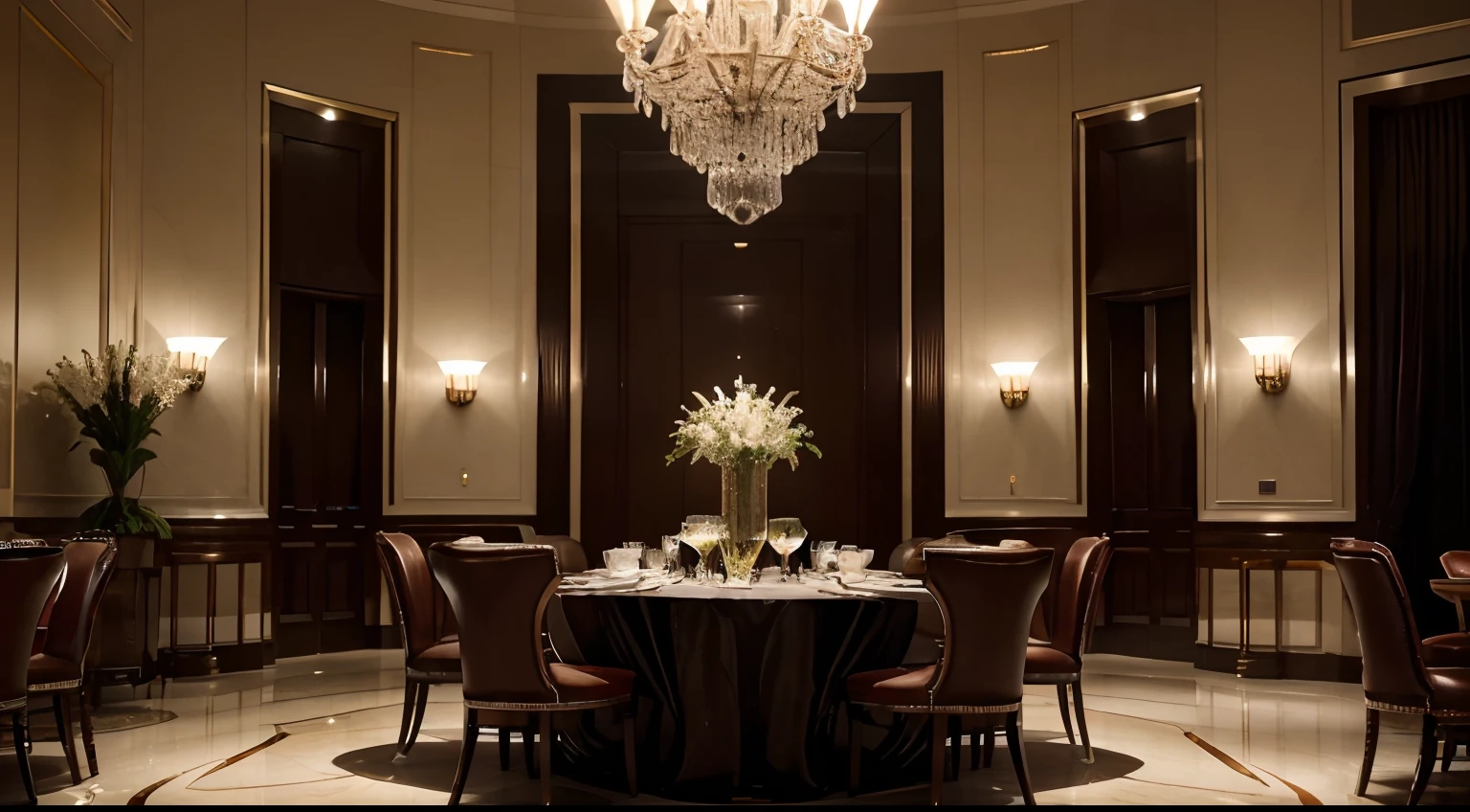 (best quality,4k,8k,highres,masterpiece:1.2),ultra-detailed,(realistic,photorealistic,photo-realistic:1.37),hotel restaurant, inside hotel, luxury restaurant, empty, tables and chairs, well lit, modern design, marble flooring, elegant dining area, crystal chandeliers, plush seating arrangements, panoramic windows overlooking city skyline, fine dining experience, exquisite table settings, polished silverware, wine glasses, ambient lighting, soft music playing, attentive waitstaff, refined ambiance