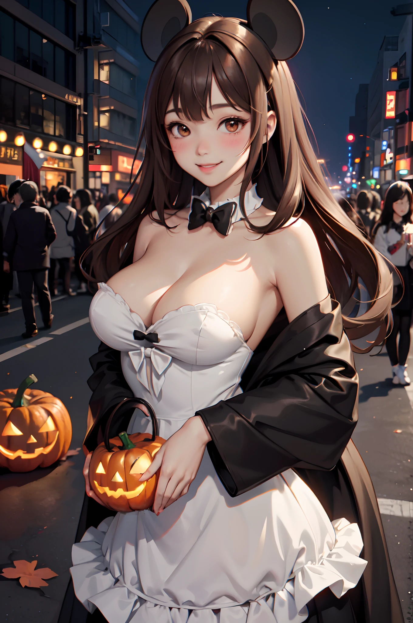 1lady standing, /(Minnie Mouse costume/) disguise, /(brown hair/) bangs, blush kind smile, (masterpiece best quality:1.3) delicate illustration ultra-detailed , large breasts BREAK /(streets of Shibuya/) outdoors, jack-o'-lantern Halloween parade, crowded audience, night