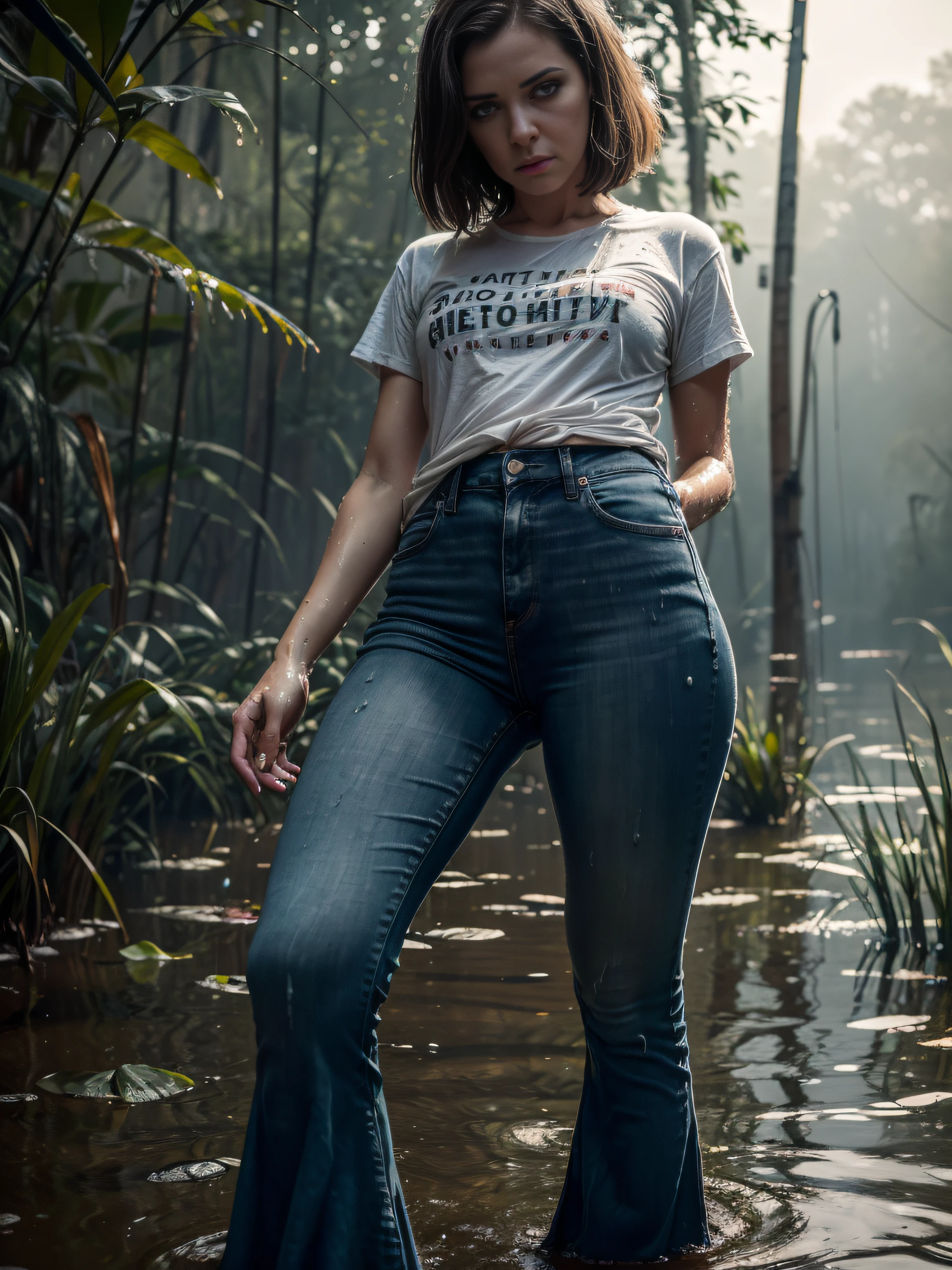 (Wide flares on jeans:1.1), (soaked in murky water), (Best Quality,hight resolution,bokeh:1.2),The woman,Pronounced wrinkles,Bob haircut,Detailed eyes and face,tshirt,expression of despair,Dark and moody lighting,desperation,(Drowning in a swamp below the knee:1.07),(standingn:1.1), Posing