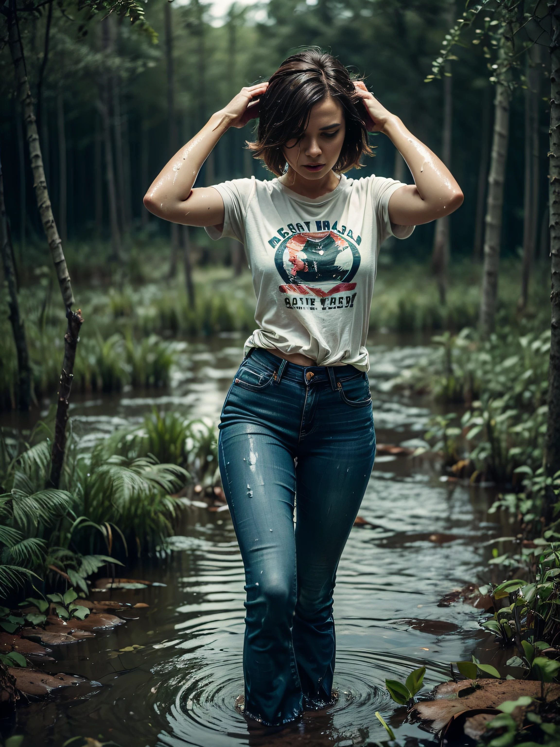 (Wide flares on jeans:1.1), (soaked in murky water), (Best Quality,hight resolution,bokeh:1.2),The woman,Pronounced wrinkles,Bob haircut,Detailed eyes and face,tshirt,expression of despair,Dark and moody lighting,desperation,(Drowning in a swamp below the knee:1.17),(standingn:1.1), Posing