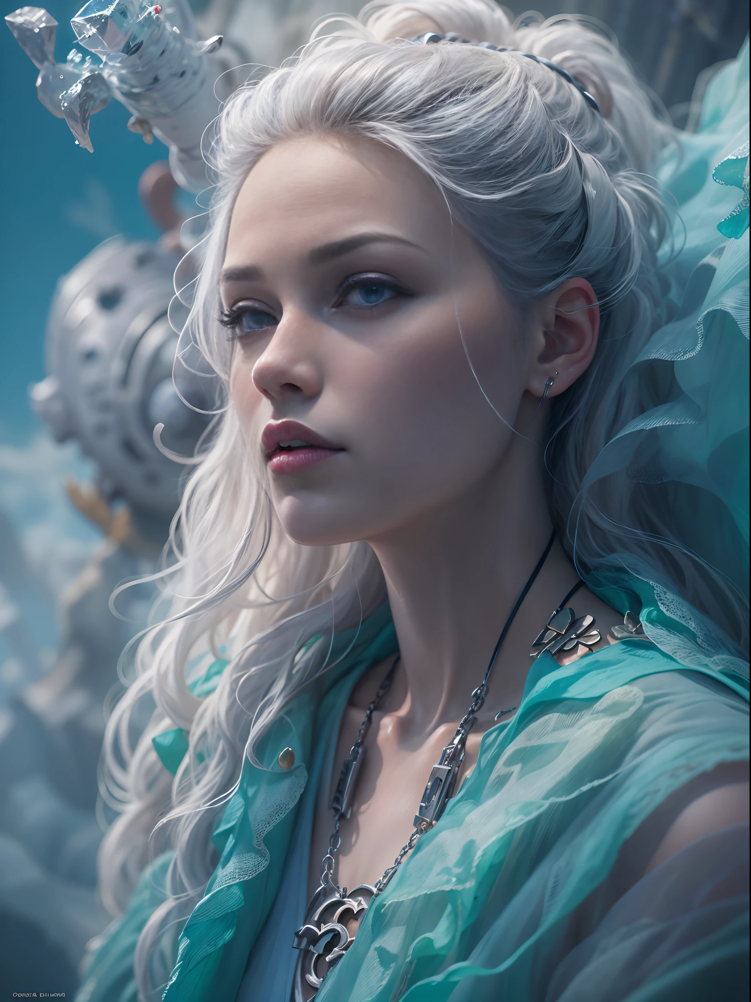 World-famous female model wearing Chanel fashion clothes,(Long silver hair:1.37),(Bright blue eyes:1.3),(blue clothes:1.3) Clear photographs of facial features,concept art of character,Photography,A beautiful painting by Cy Twombly,Frida Kahlo,Alphonse Mucha,Masterpiece,Dreamlike,author:James Balog,rendering by octane,corona rendered,Quixel Megascans Render,High detail,hyper qualit,high resolution,trending on artstationh,hyper photorealism,fine art,Imaginative,Otherworldly,Ice Age, author:Owen Blumenfeld,author:Anne Brigman,16k,Photorealistic,Photorealism,magic realism,,Ice Age,Ethereal fantasy, author:paul barson,author:Owen Blumenfeld,petra collins,Enigmatic Atmosphere,Image via Bradford Young, Depth of field (degrees of freedom),Waist Shot(WS),Close up,,Ice Age,Beautiful lighting, --AR 3:4 --V 5.2 --upbeta