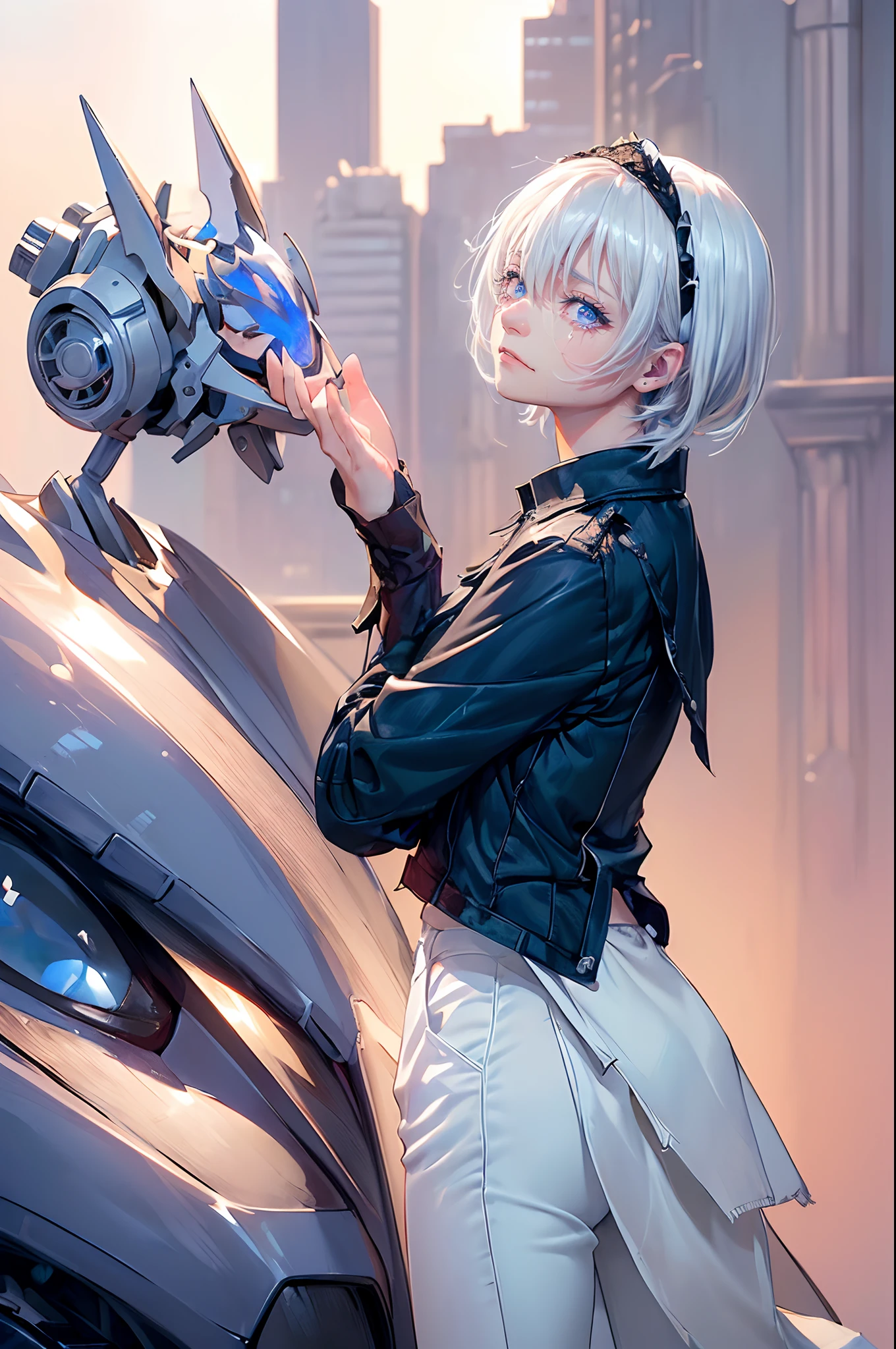 ((4K works))、​masterpiece、(top-quality)、1 beutiful girl、Slim body、tall、((Black Y-shirt and white pants、Charming British knight style))、Please wear one jacket、(Detailed beautiful eyes)、Fantastic Night City、((City under the stars))、Fantastic city at midnight、((Face similar to Carly Rae Jepsen))、((Short-haired white hair))、((Smaller face))、((Neutral face))、((Bright blue eyes))、((American adult women))、((Adult female 26 years old))、((cool lady))、((Like a celebrity))、((Crying expression))、((sad look))、((Korean Makeup))、((elongated and sharp eyes))、((Happy dating))、((boyish))、((Upper body photography))、Professional Photos、((Shot alone))、((She is looking up at the sky under the roof))、((Shot from the side))、((Crying profile))、((Face crying in pain))、((She is facing upwards))、((Her eyes are looking down))、((She stands next to the viewer))、rearing、Solitude、saddened、desolate、suffocating、heartbreaking、auw