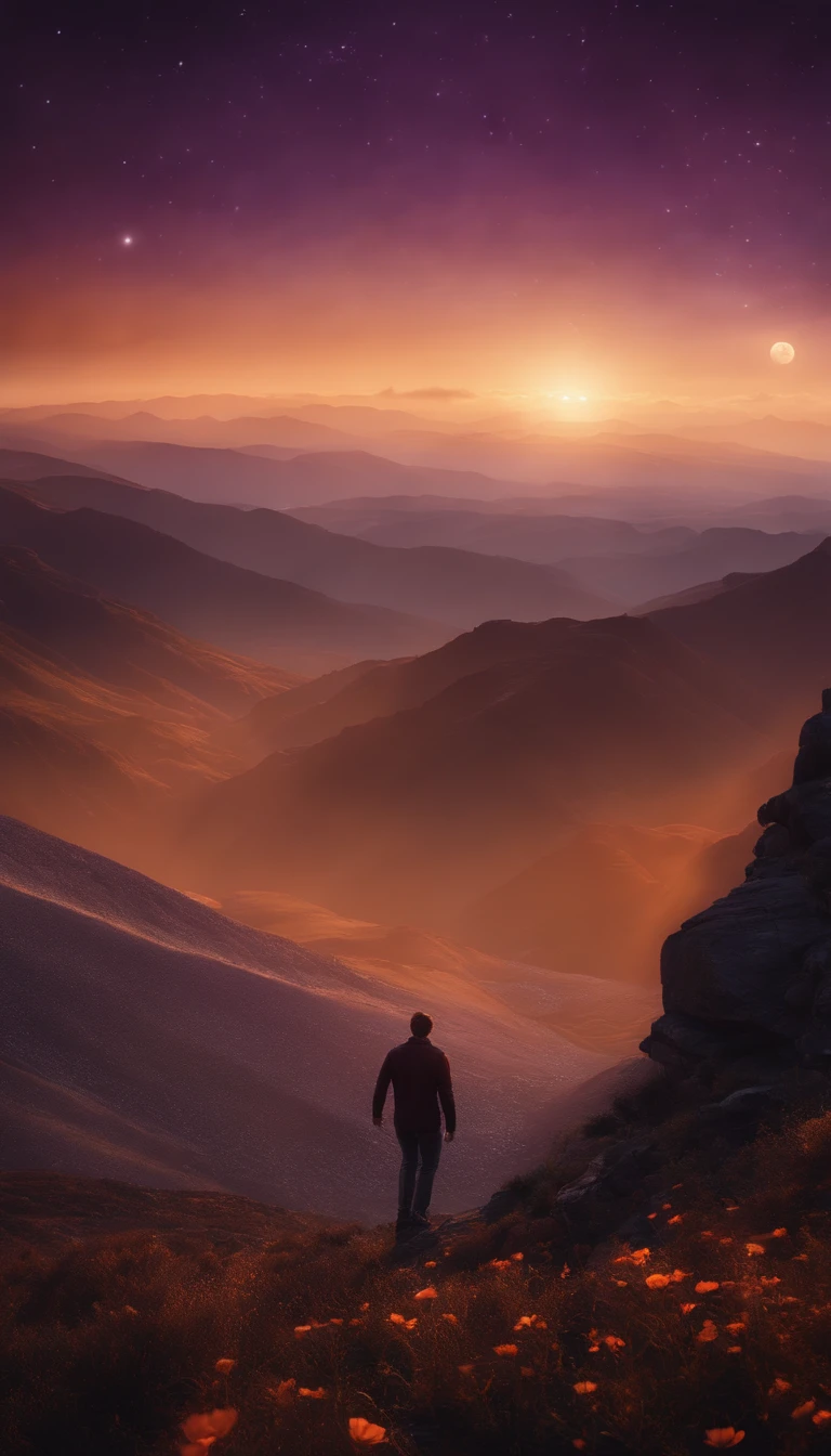 (best quality,highres,realistic:1.37),landscape,person standing on a mountain peak,gorgeous star-filled cosmos,wonderful sense of awe and clarity,amazing view,great height,orange and purple hues,sunlight illuminating the scene,sublime beauty,importance of the moment,a deep sense of peace,limitless potential,far-reaching dreams,individual's insignificance in the vast universe,infinite possibilities,astounding perspective,magnificent celestial bodies,humankind's connection to the cosmos