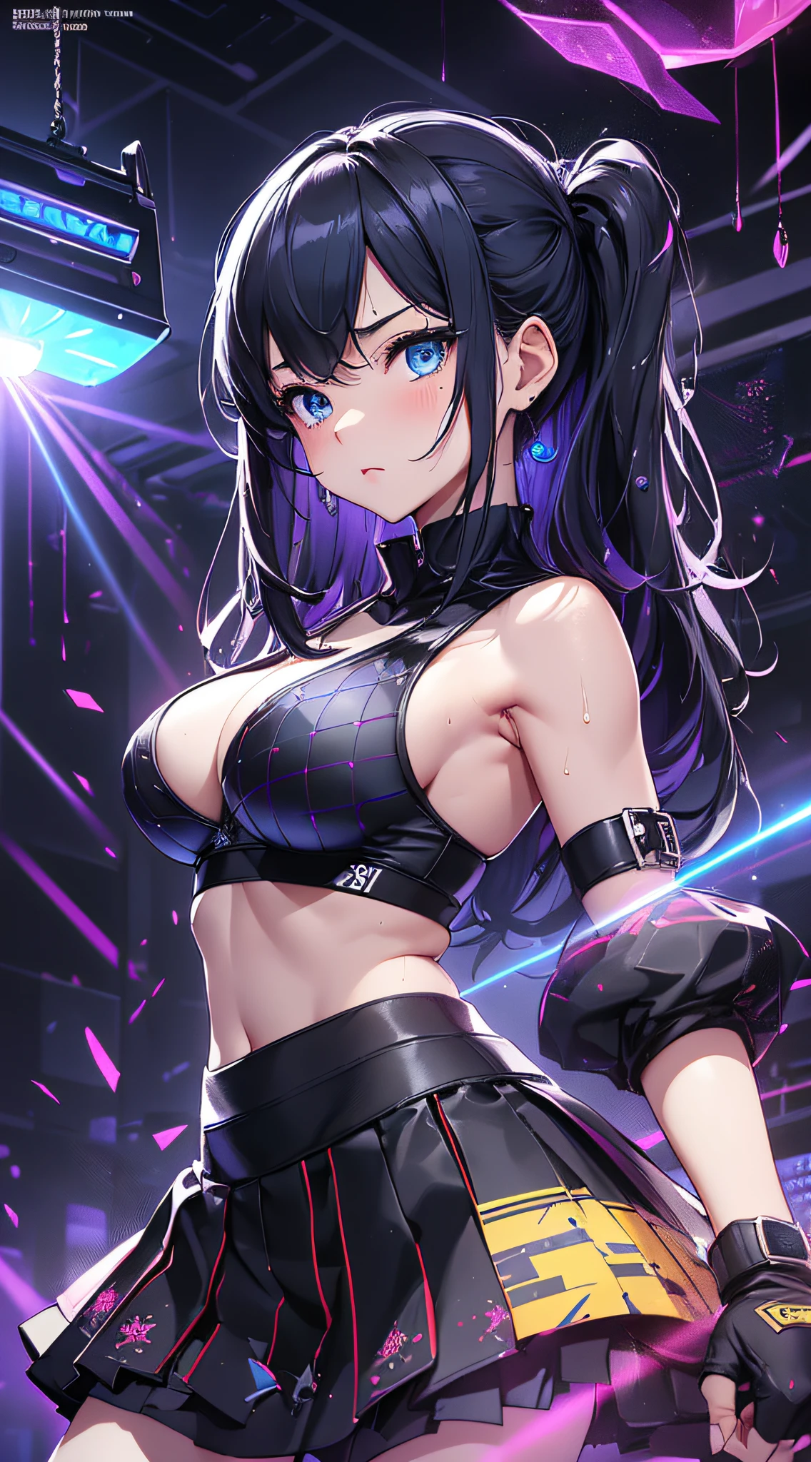 top-quality、Top image quality、masterpiece、girl with((cute little、18year old、Best Bust、Medium bust、Bust 85,Beautiful blue eyes、Breasts wide open,Long Black Hair、A slender、Middle knot、Black Sports Bra、White short skirt,Reflecting the whole body、Black perforated gloves、Sweating、Straight punch、Splattering sweat))hiquality、Beautiful Art、Background with((clubhouse、Blue lighting、Purple Laser Illumination、Red laser illumination,Yellow laser illumination,fitness club、natta、Virtual Worlds)),masutepiece、Elaborate design、visualart、depth of fields、The best lighting、highestdetailed、8k,Super delicate