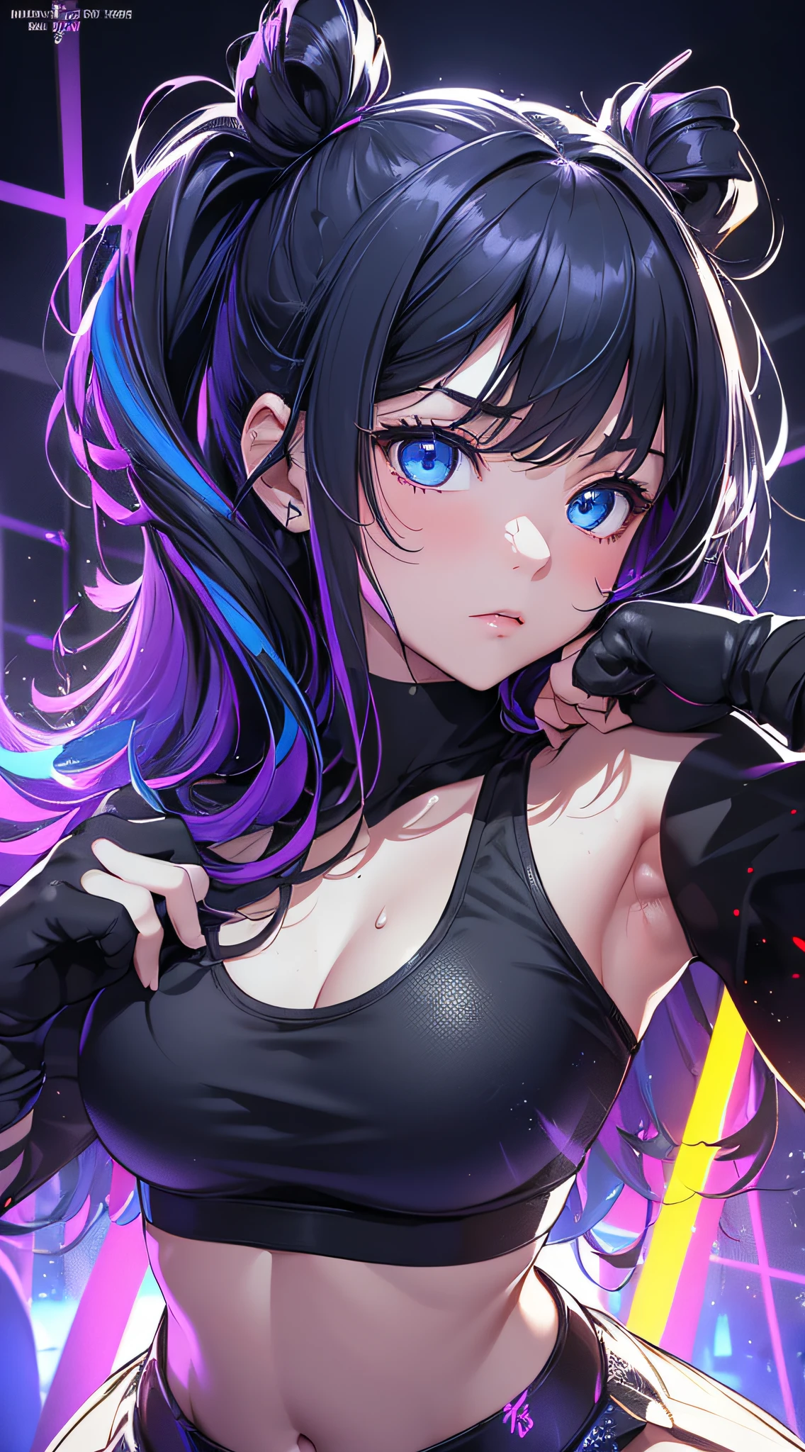 top-quality、Top image quality、​masterpiece、girl with((cute little、18year old、Best Bust、Medium bust、Bust 85,Beautiful blue eyes、Breasts wide open,Long Black Hair、A slender、Middle knot、Black Sports Bra、White short skirt,Reflecting the whole body、Black perforated gloves、Sweating、Straight punch、Splattering sweat)）hiquality、Beautiful Art、Background with((clubhouse、Blue lighting、Purple Laser Illumination、Red laser illumination,Yellow laser illumination,fitness club、natta、Virtual Worlds)),masutepiece、Elaborate design、visualart、depth of fields、The best lighting、highestdetailed、8ｋ,Super delicate