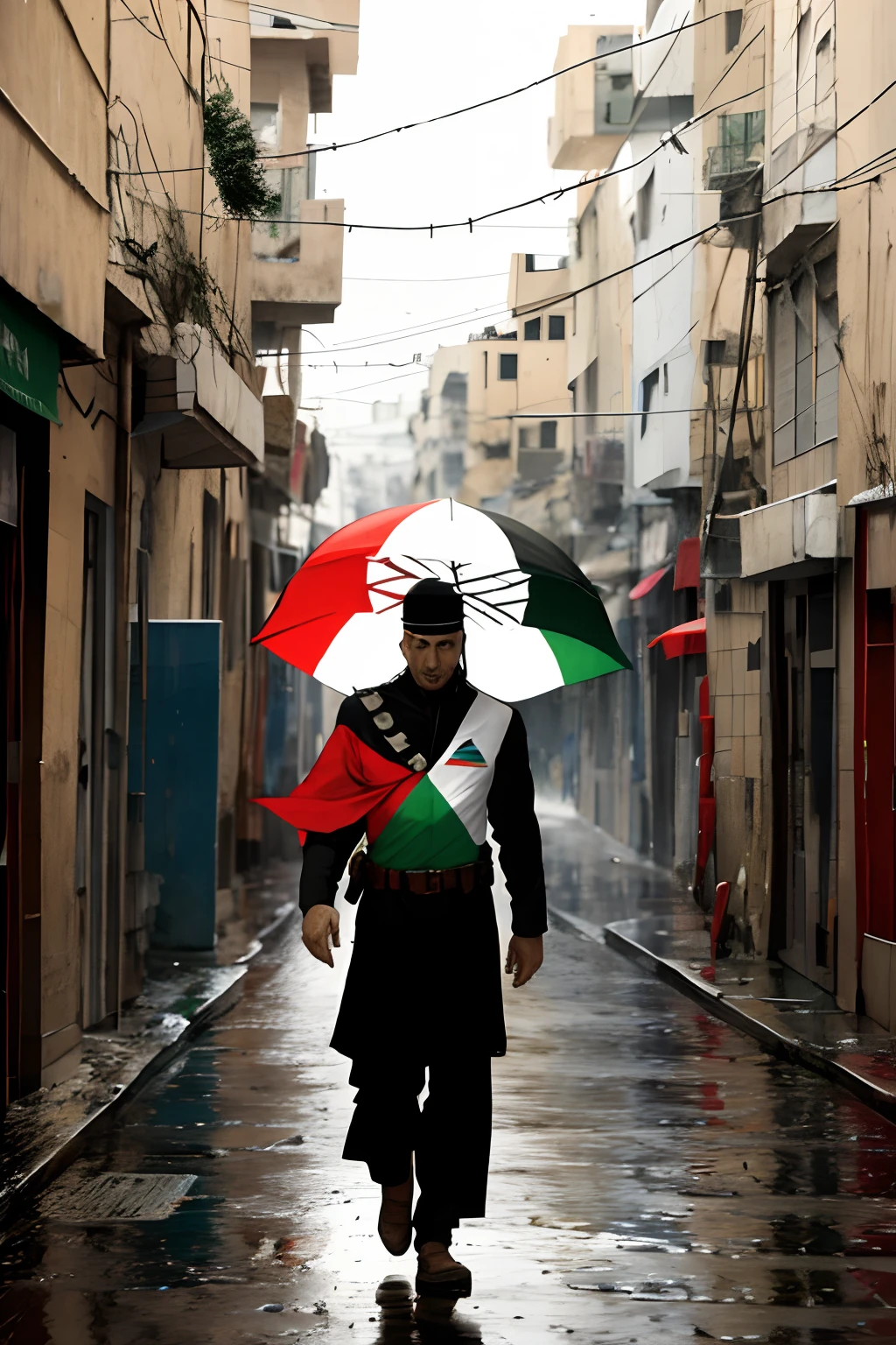 A Palestinian man, decorated with Palestinian flag. walking in middle the street under rain. realistic, accurate.