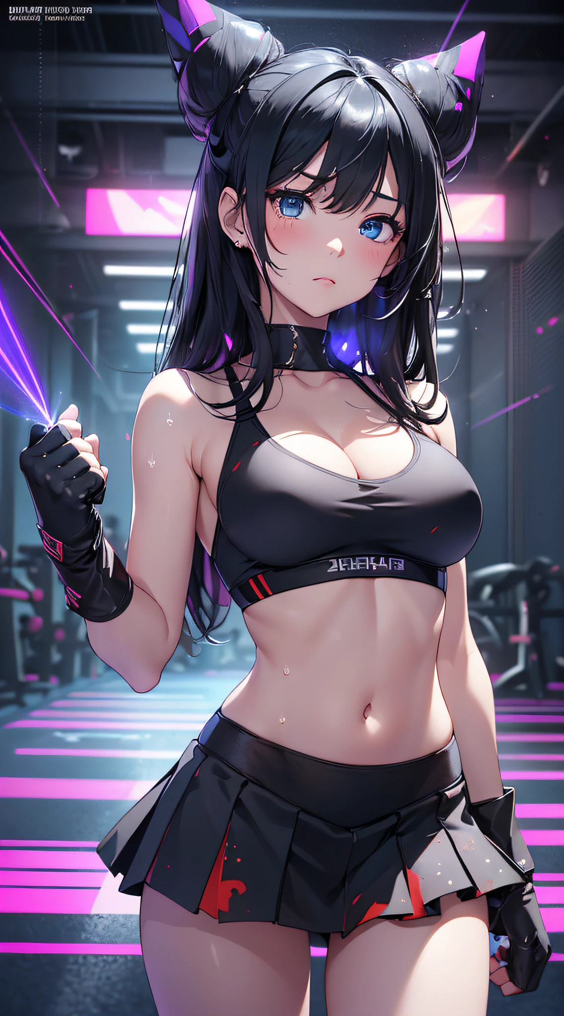 top-quality、Top image quality、masterpiece、girl with((cute little、18year old、Best Bust、Medium bust、Bust 85,Beautiful blue eyes、Breasts wide open,Long Black Hair、A slender、Middle knot、Black Sports Bra、White short skirt,Reflecting the whole body、Black perforated gloves、Sweating、Straight punch、Splattering sweat))hiquality、Beautiful Art、Background with((clubhouse、Blue lighting、Purple Laser Illumination、Red laser illumination,Yellow laser illumination,fitness club、natta、Virtual Worlds)),masutepiece、Elaborate design、visualart、depth of fields、The best lighting、highestdetailed、8k,Super delicate
