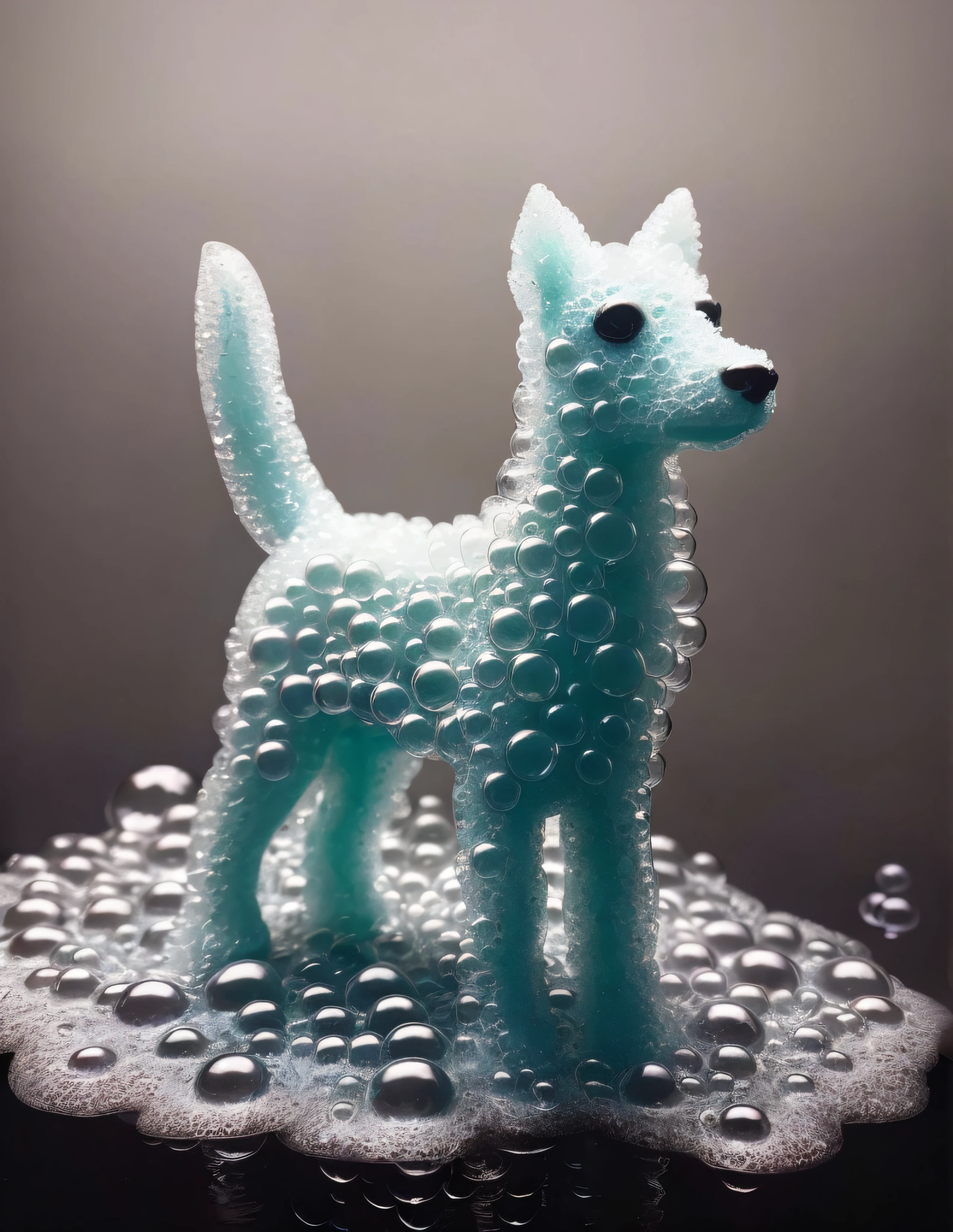 made of bath foam and soap bubbles, photograph capturing a kelpie, with sharp focus, vibrant colors, strong film grain, cinematic lighting