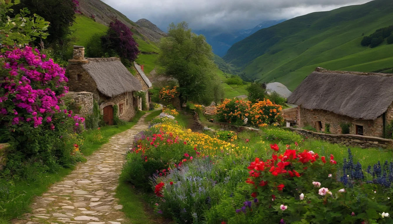 Beautiful little mountain village,Stone path,The side of the road is full of flowers