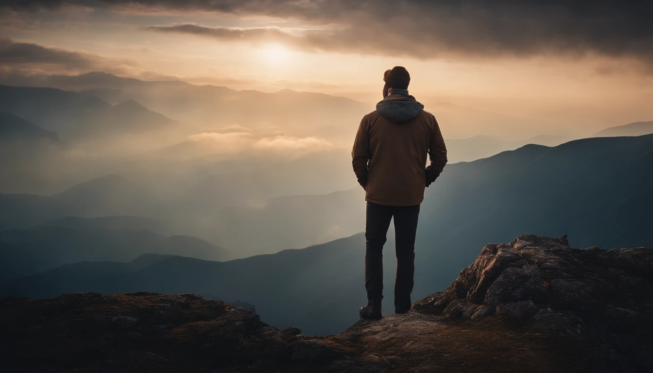 An image of a person standing on a mountain peak, gazing at the cosmos, with a sense of wonder and clarity.