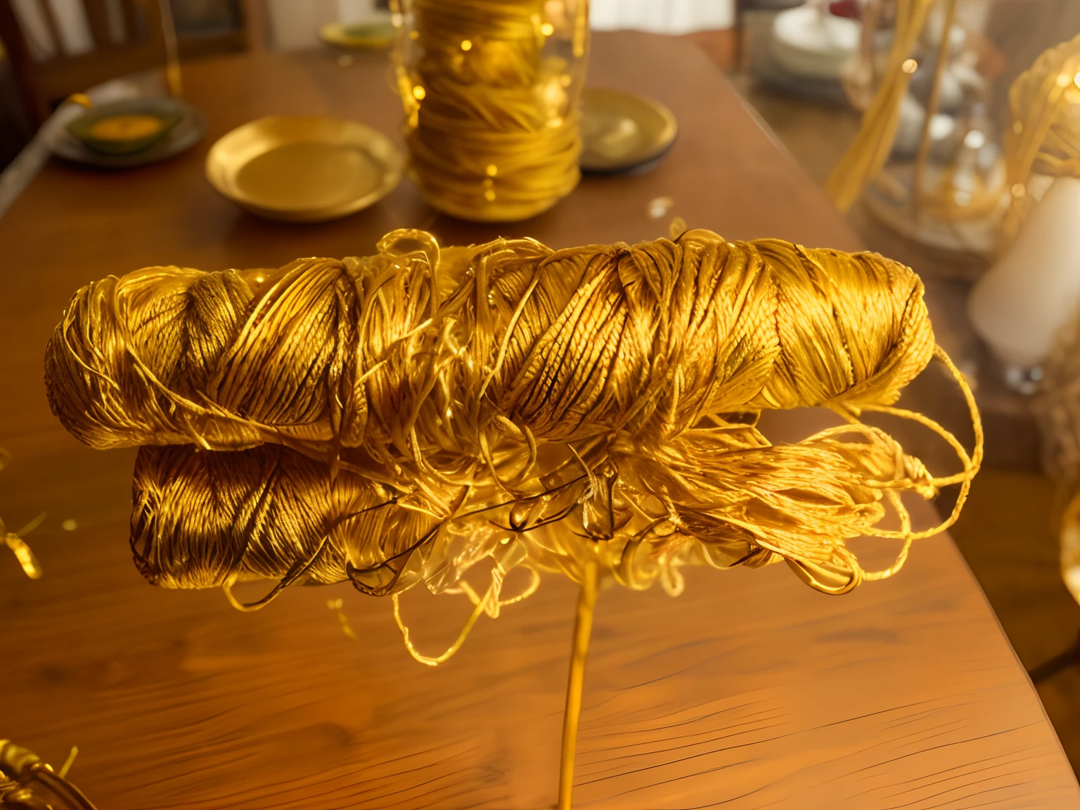 there is a spool of yarn on a table with a glass vase, intricate golden threads, golden threads, exposed gold wires, detailed entangled fibres, glowing threads of drop, golden thread, gold wires, threads, acid pooling inside, vibrant but dreary gold, embers to waist, iridescent wiring, scarf made from spaghetti, braided cable