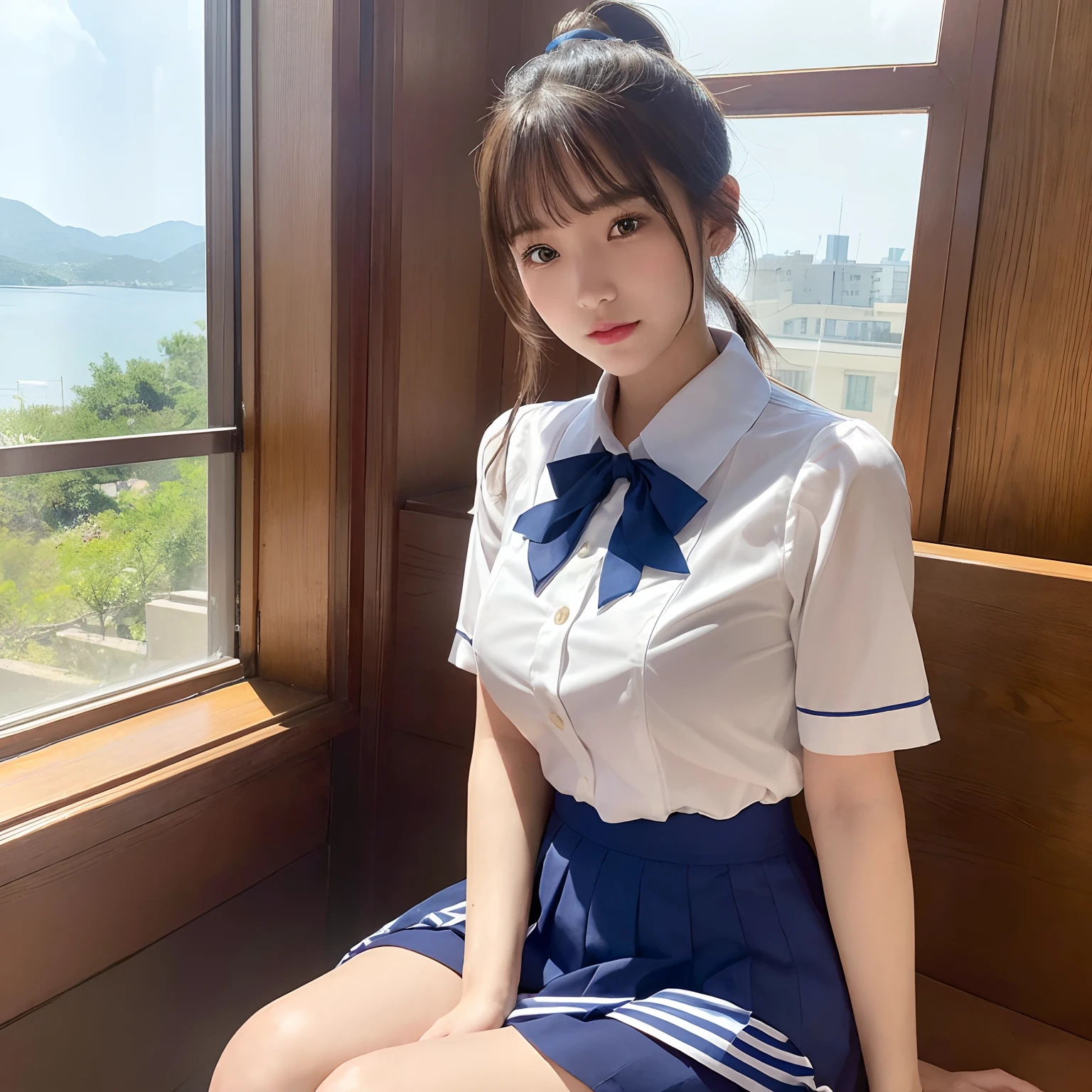 ((32K, top-quality:1.5, ​masterpiece, 超A high resolution, Photorealsitic)), 1girl in, 17 age, summer vacation, Highly detailed facial and skin texture:1.2, (In a library with open windows, Ponytail fluttering in the wind, Sit down and read a book:1.3), (Extremely beautiful face:1.3, Beautiful Women in Perfect Style:1.1), (Ultramarine Ribbon Summer Sailor Uniform Uniform:1.3, Sheer feeling), (pleatedskirt), well-shaped breasts, Pensive expression, Light smile, blurry backround, Cute attitude, Quiet Pose