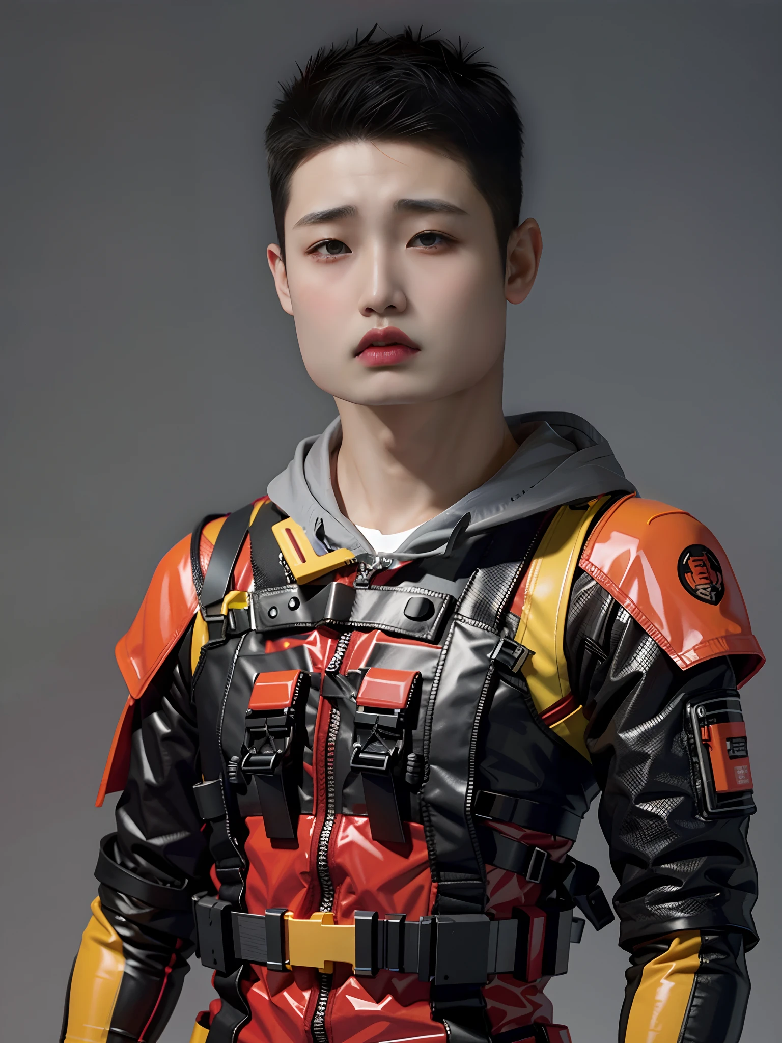 18-year-old Chinese man，Wearing fluorescent red and yellow PVC mechs，bulletproof vest，cyber punk perssonage，greybackground