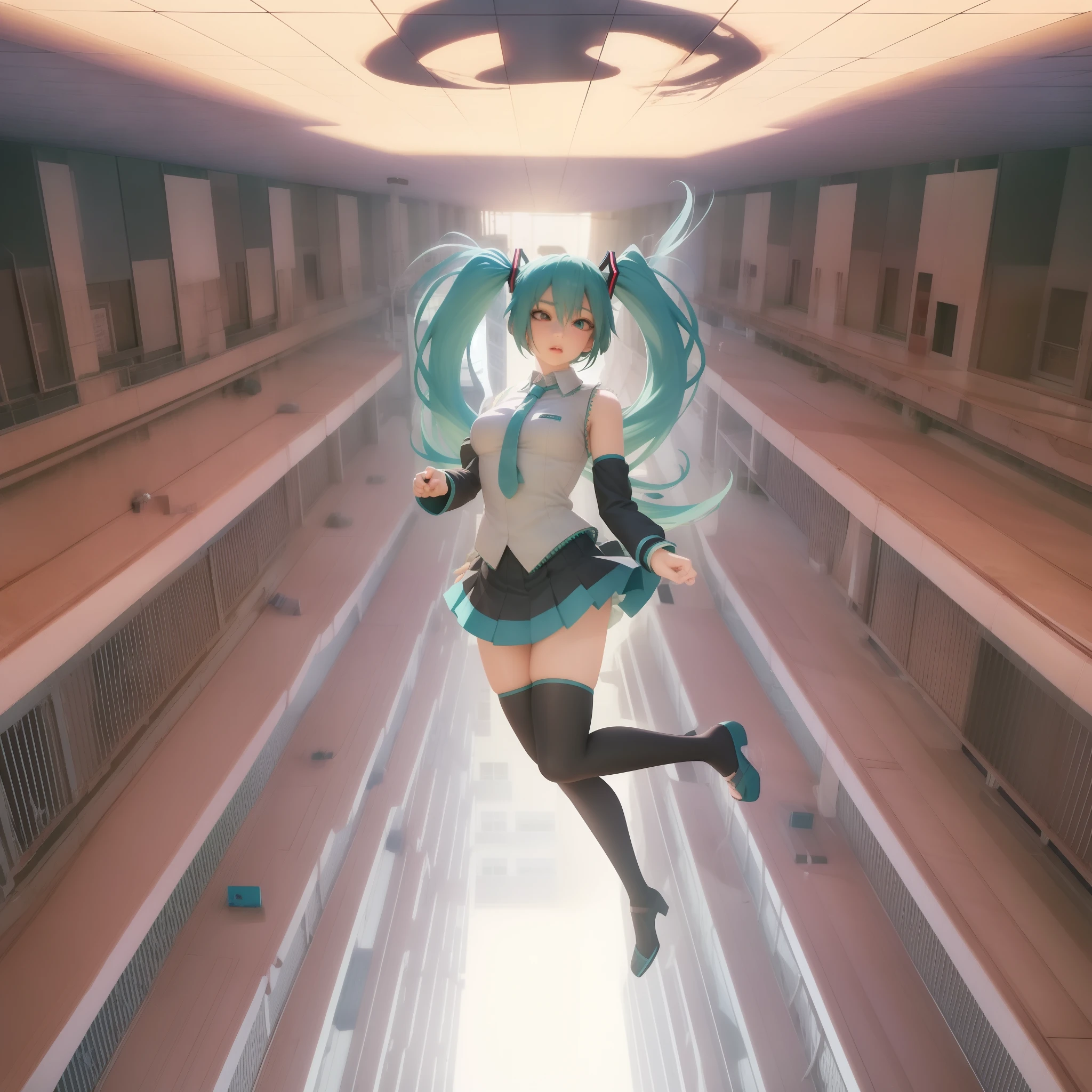 Anime girl in long skirt flies over building, Mikudayo, Hatsune Miku, Miku, Hatsune Miku Cosplay, anime cgi style, Portrait of Hatsune Miku, the anime girl is running, epic 8 k hd anime shot, Anime style. 8K, anime style 4 k, realistic anime 3 d style, anime styled 3d