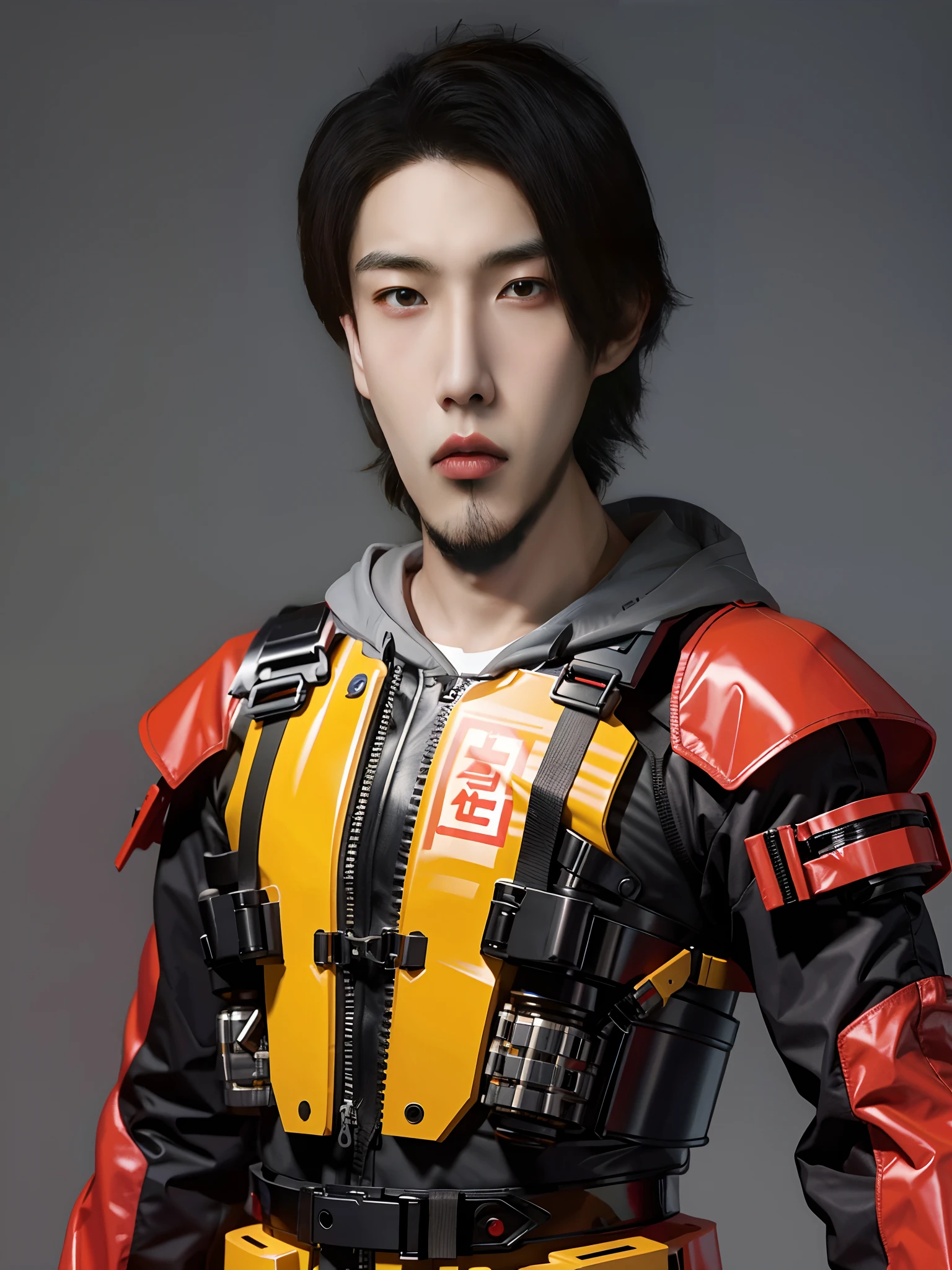 18-year-old Chinese man，Wearing fluorescent red and yellow PVC mechs，bulletproof vest，cyber punk perssonage，greybackground