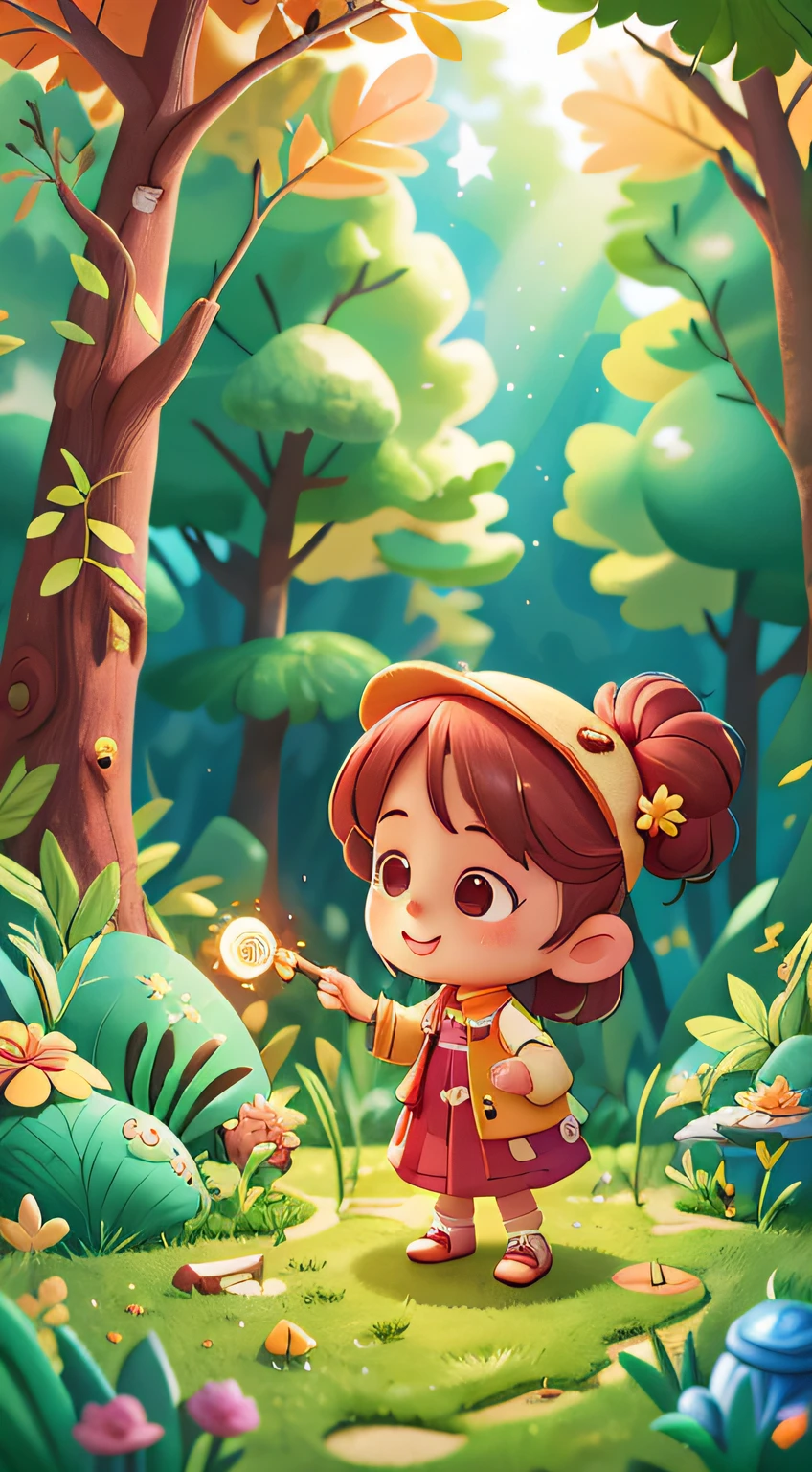 Little girl playing with wand,IP，3D， Night Forest, Wand in hand, cheerfulness, cheerfulness, Perfect quality, Clear focus, (Masterpiece: 2.1) (Realistic: 1.2) (Bokeh) (Best quality) (Detailed skin: 1.3) (Intricate details) (8K) (Detail eyes) (sharp-focus) 2.1，Poster design，October 21st