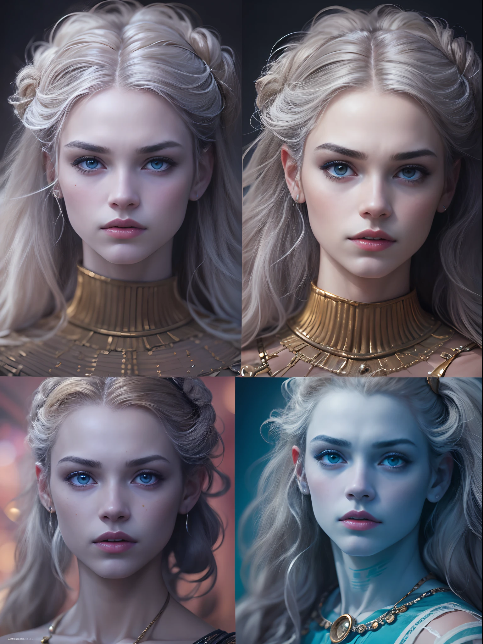 World-famous female model wearing Chanel fashion clothes,(Long silver hair:1.37),(Bright blue eyes:1.3),(blue clothes:1.3) Clear photographs of facial features,concept art of character,Photography,A beautiful painting by Cy Twombly,Frida Kahlo,Alphonse Mucha,Masterpiece,Dreamlike,author:James Balog,rendering by octane,corona rendered,Quixel Megascans Render,High detail,hyper qualit,high resolution,trending on artstationh,hyper photorealism,fine art,Imaginative,Otherworldly,Ice Age, author:Owen Blumenfeld,author:Anne Brigman,16k,Photorealistic,Photorealism,magic realism,,Ice Age,Ethereal fantasy, author:paul barson,author:Owen Blumenfeld,petra collins,Enigmatic Atmosphere,Image via Bradford Young, Depth of field (degrees of freedom),Waist Shot(WS),Close up,,Ice Age,Beautiful lighting, --AR 3:4 --V 5.2 --upbeta