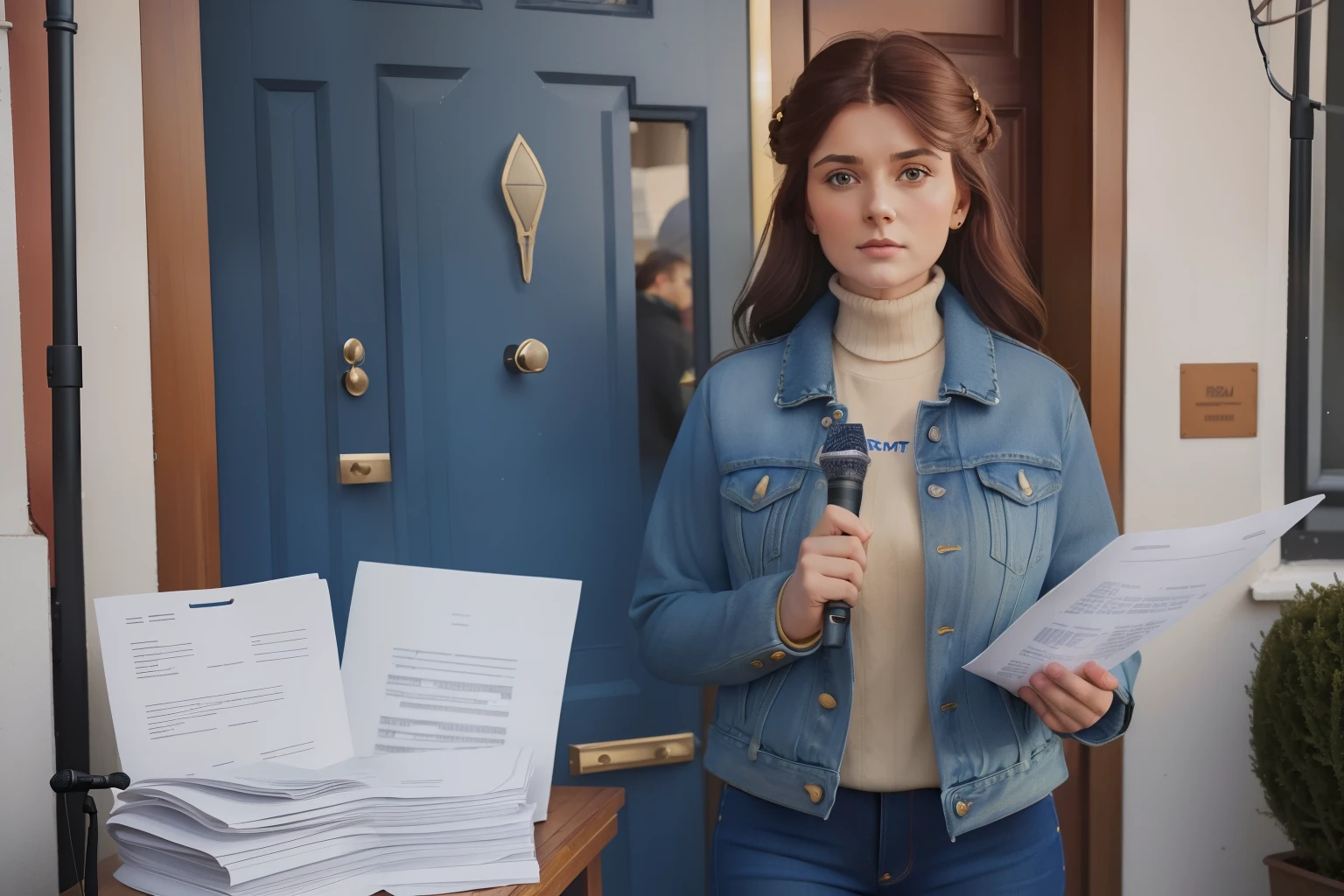 year: 2023. Location: Sweden. Pre-Raphaelite scene with a 45-year-old woman, news reporter, standing in front of a terraced house front door, (((holding a ((microphone)) and a bunch of ((documents))))), neighbours behind her, ((((winter Clothing from the 2020s, jeans and jacket)))) ((Hairstyle of the 2020s)), ((("OMITB" cinematography)))