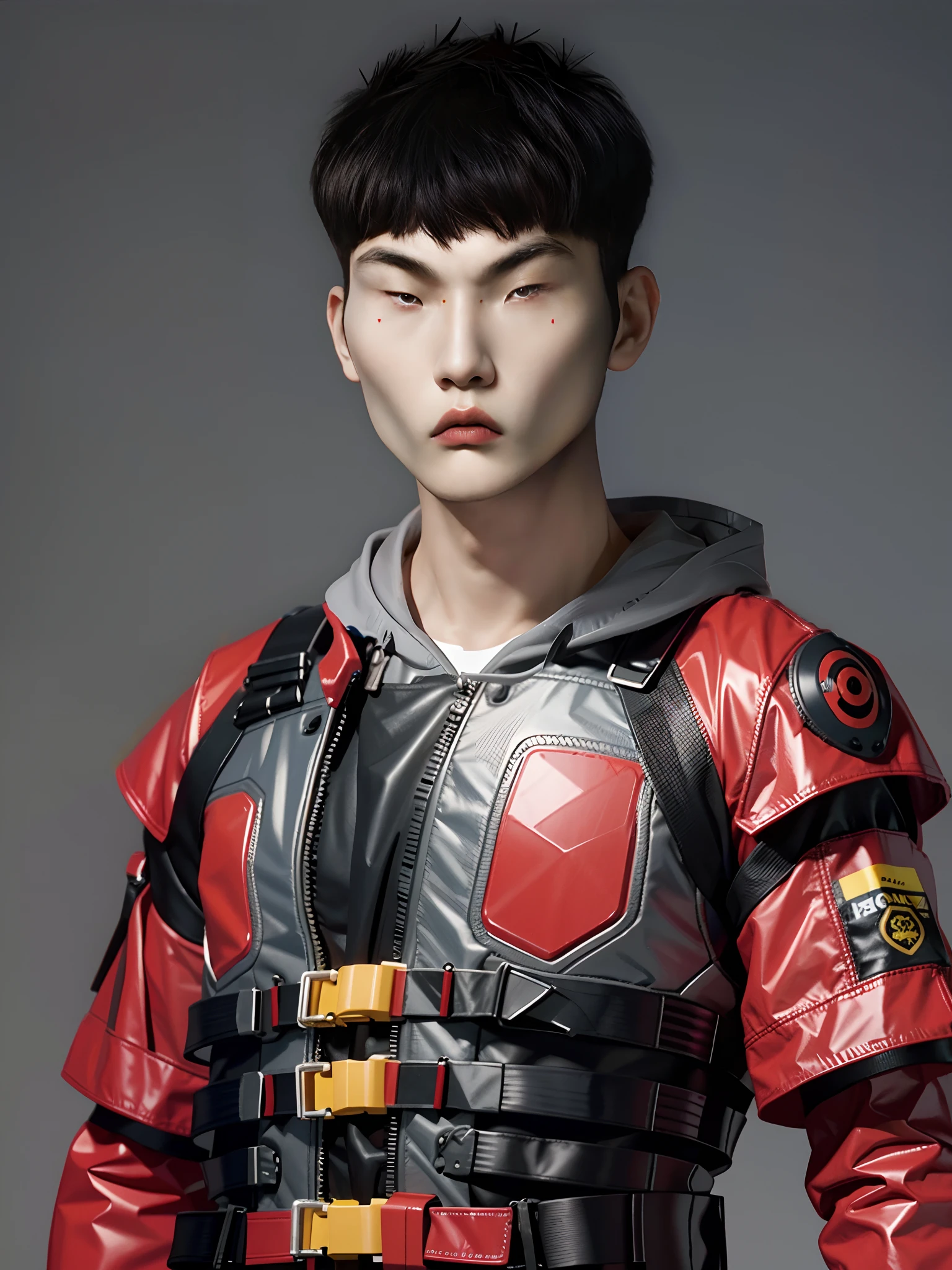 18-year-old Chinese man，Wearing fluorescent red and yellow PVC mech，bulletproof vest，cyber punk perssonage，greybackground