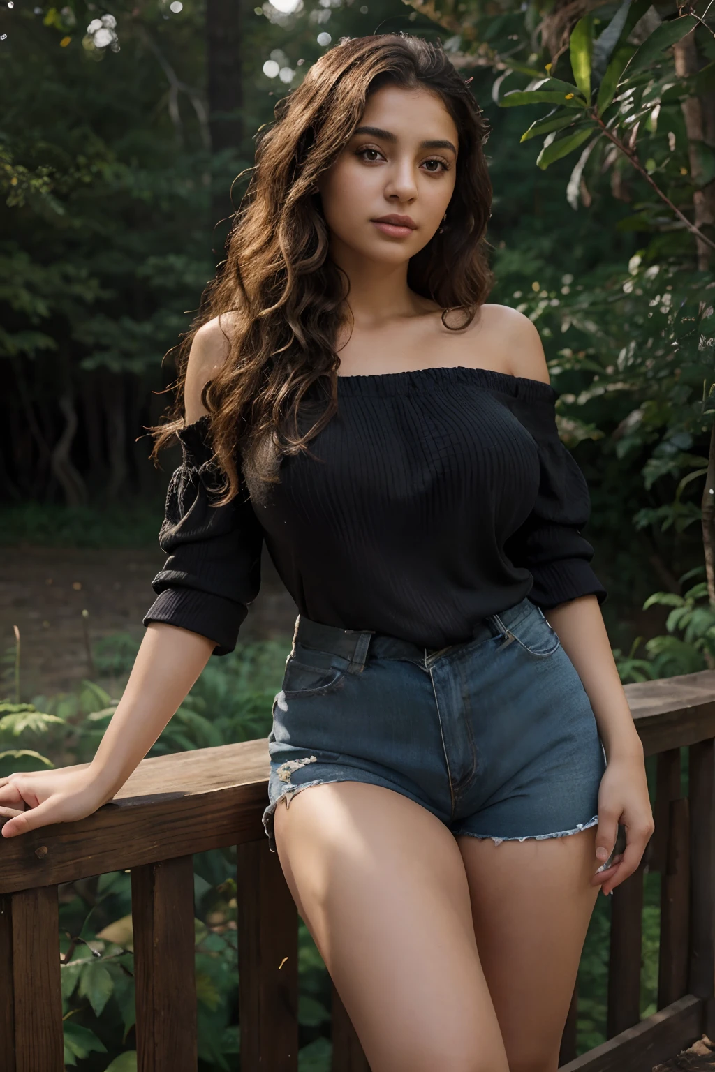 hyper realistic, portrait of a arab girl with beautiful wavy hair, Best quality, masterpiece, ultra high res, (photorealistic:1.4), 1girl, offshoulder, deep shadow, shiny skin, chubby, curly hair, fair skin, brown eyes, vibrant colors, wearing a loose shirt with the length of her knee, 8k render, arab girl, full sleeve shirt, in night, in forest , in moonlight