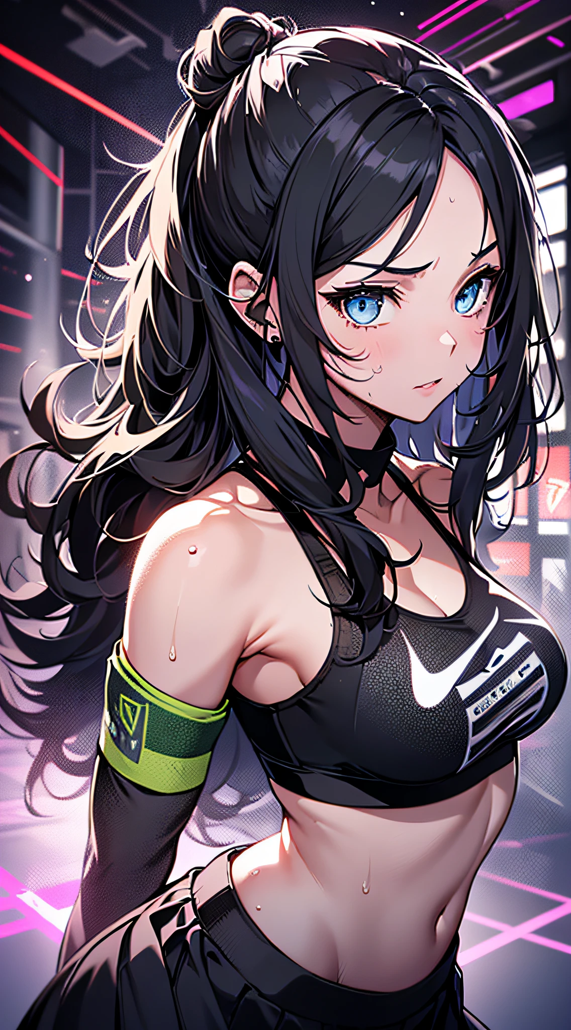 top-quality、Top image quality、masterpiece、girl with((cute little、18year old、Best Bust、Medium bust、Bust 85,Beautiful blue eyes、Breasts wide open,Long Black Hair、A slender、Middle knot、Black Sports Bra、White short skirt,Reflecting the whole body、Black perforated gloves、Sweating、Straight punch、Splattering sweat))hiquality、Beautiful Art、Background with((clubhouse、Blue lighting、Purple Laser Illumination、Red laser illumination,Yellow laser illumination,fitness club、natta、Virtual Worlds)),masutepiece、Elaborate design、visualart、depth of fields、The best lighting、highestdetailed、8k,Super delicate